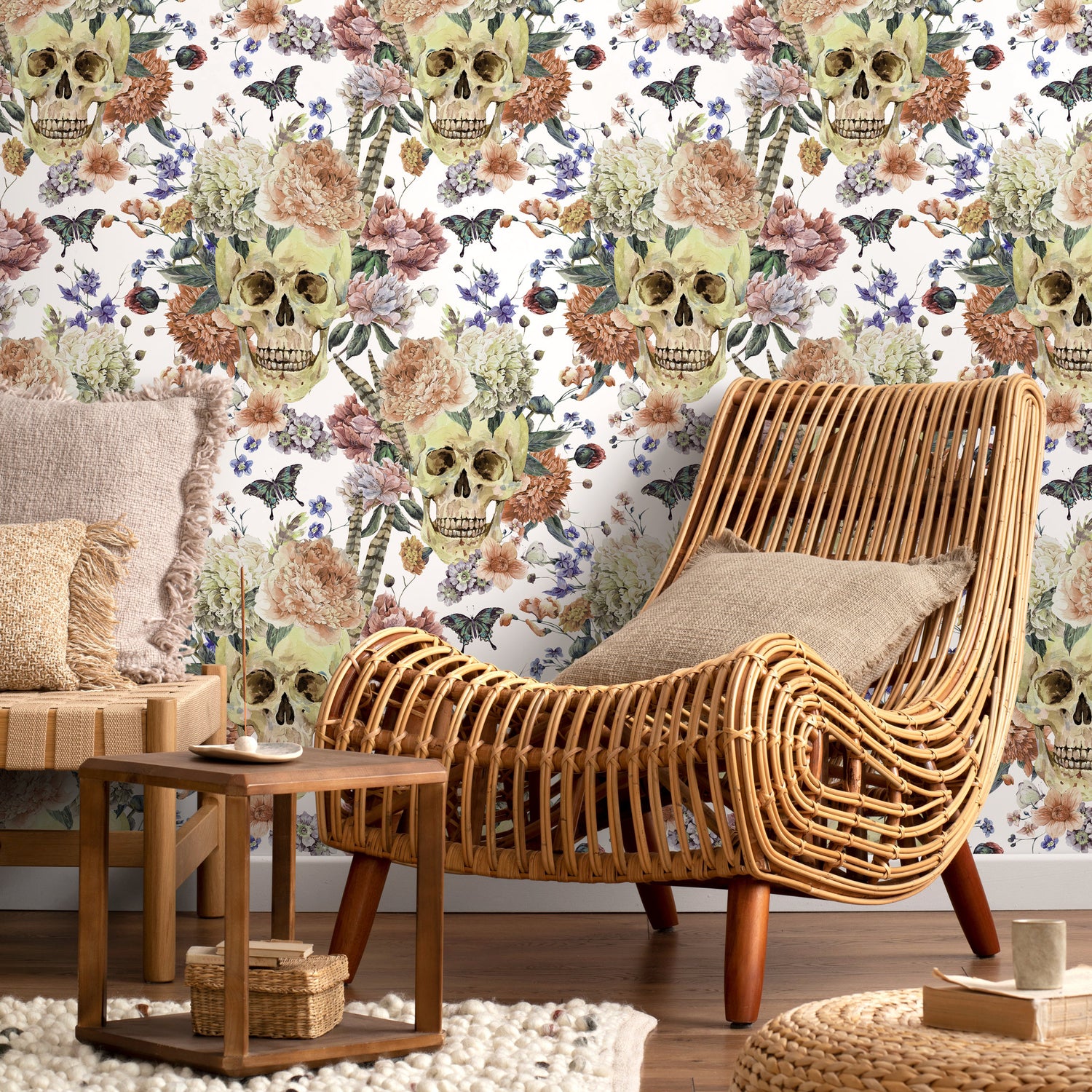 Vintage Floral Wallpaper Roses and Skulls Wallpaper Peel and Stick and Traditional Wallpaper - D923