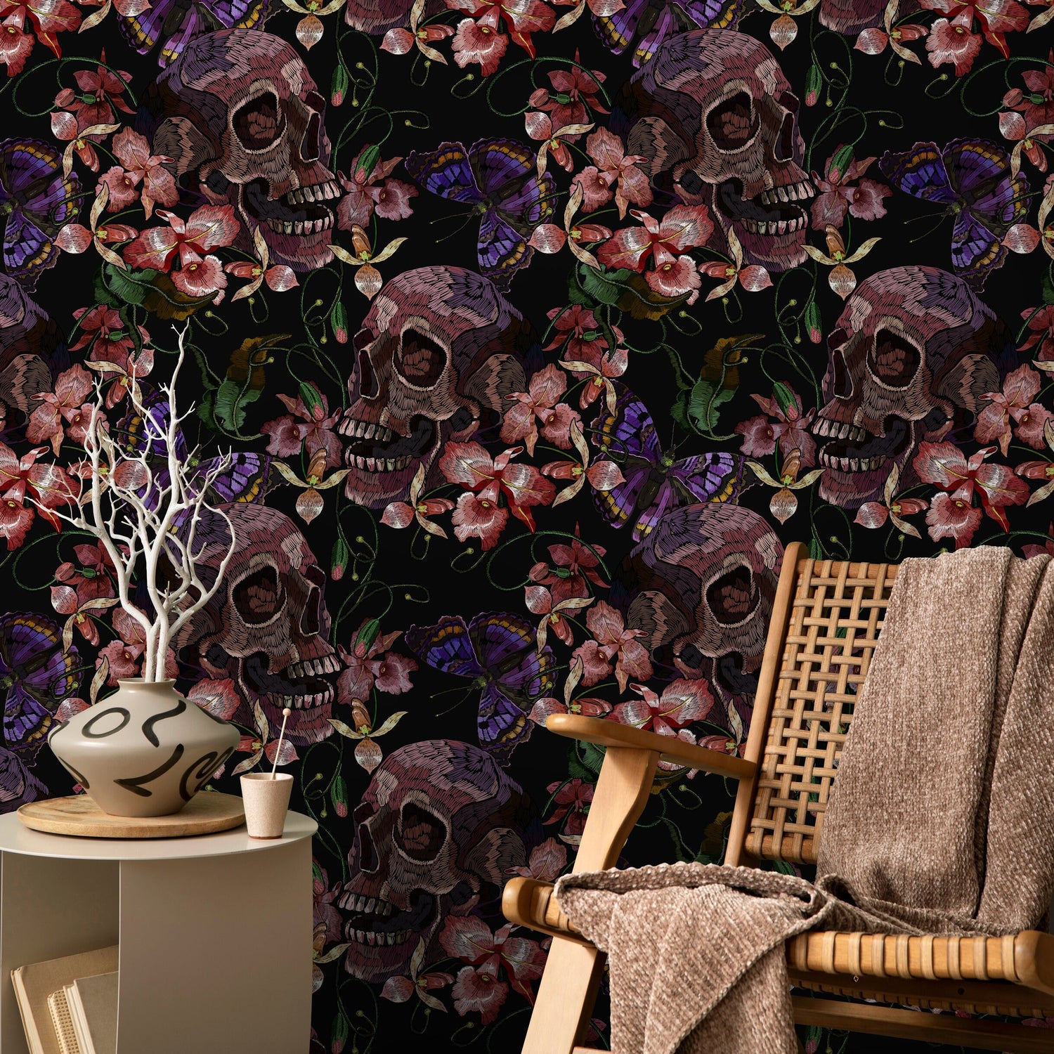 Skull and Butterfly Wallpaper Dark Floral Wallpaper Peel and Stick and Traditional Wallpaper - D898