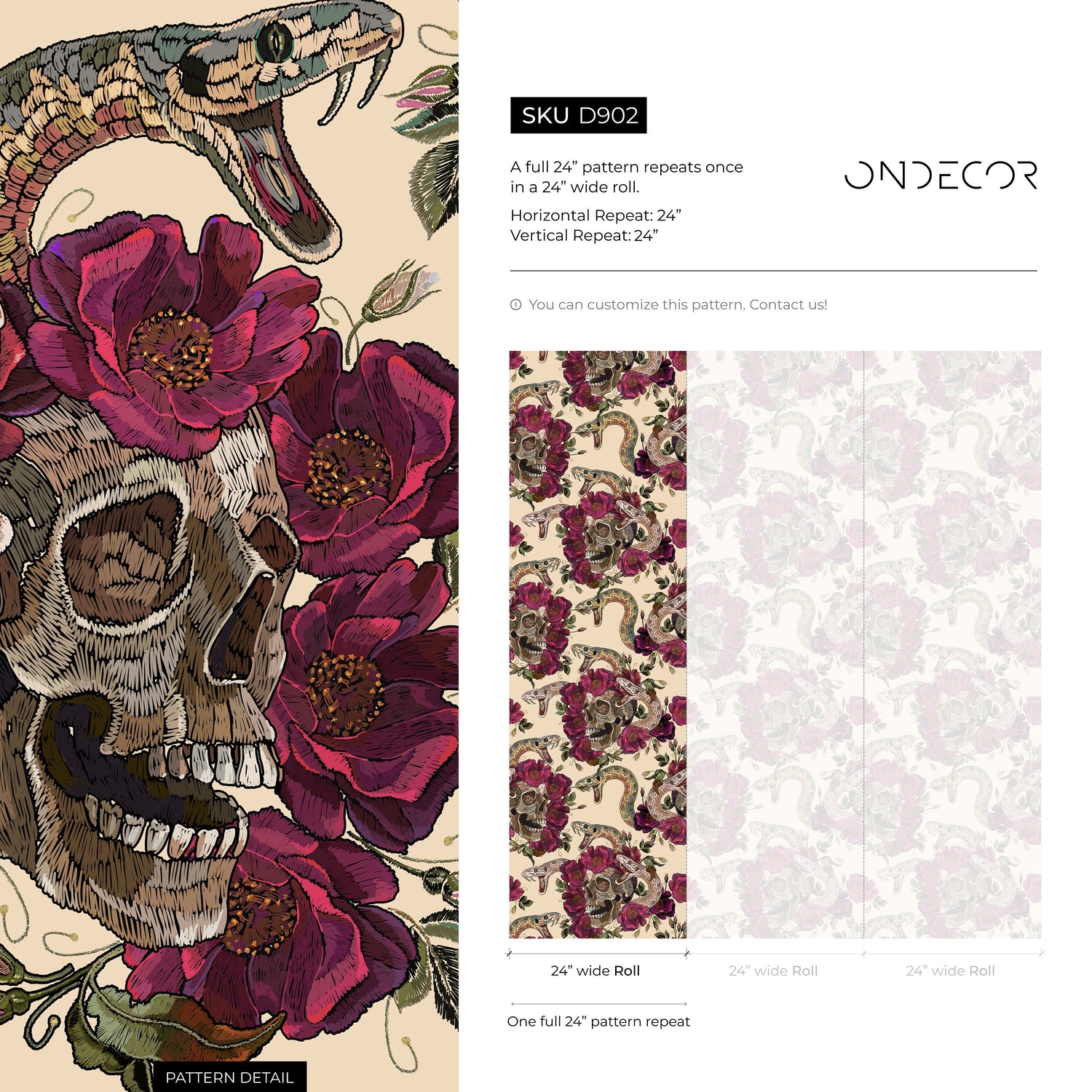 Snake and Skull Wallpaper Maximalist Wallpaper Peel and Stick and Traditional Wallpaper - D902