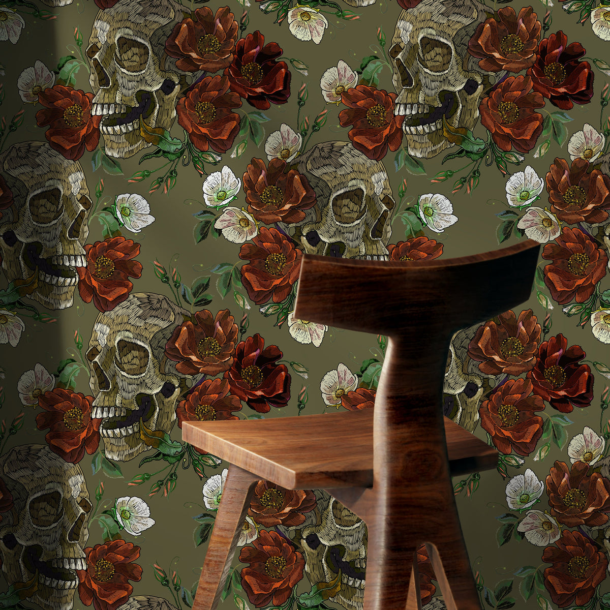 Floral and Skulls Wallpaper Maximalist Wallpaper Peel and Stick and Traditional Wallpaper - D904