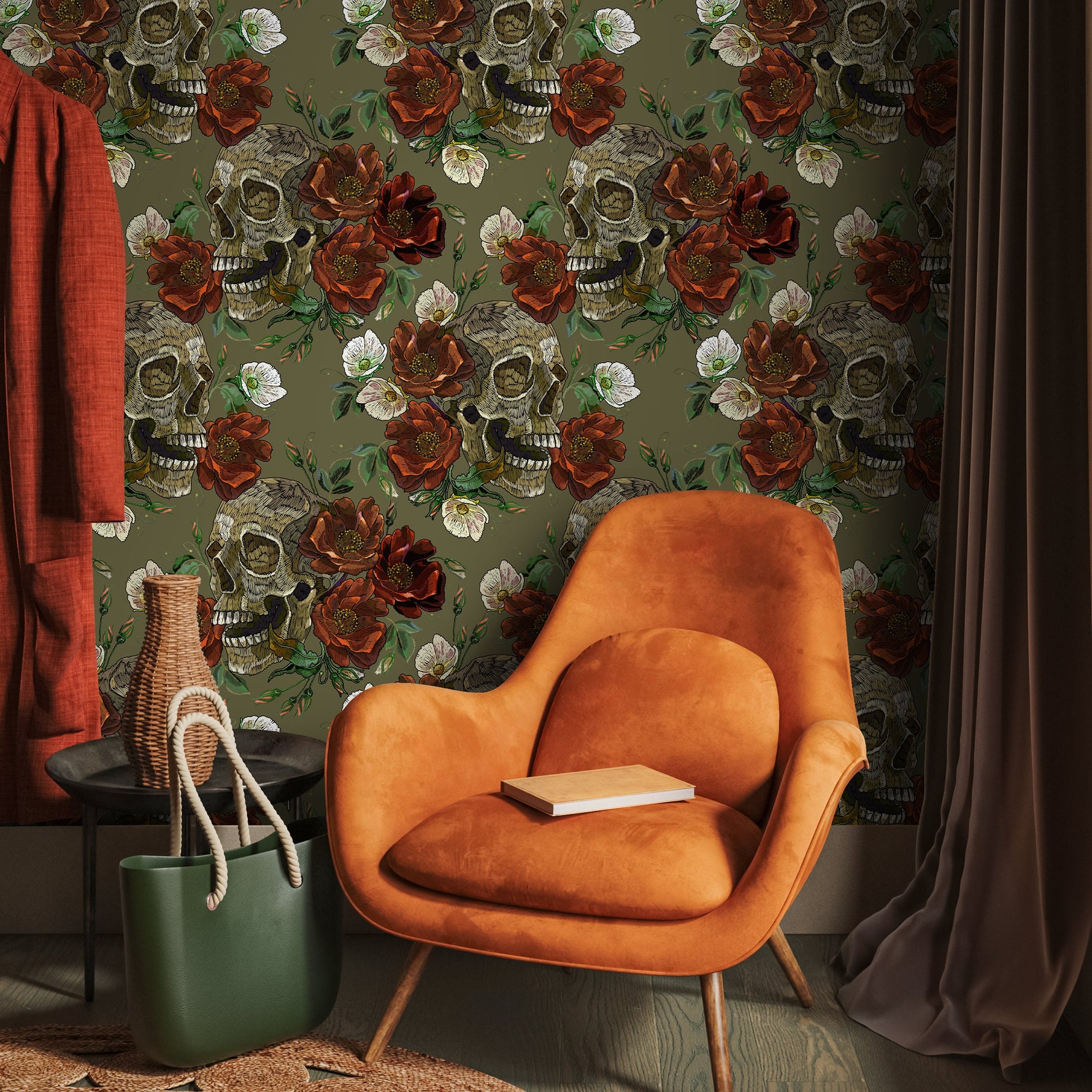 Floral and Skulls Wallpaper Maximalist Wallpaper Peel and Stick and Traditional Wallpaper - D904