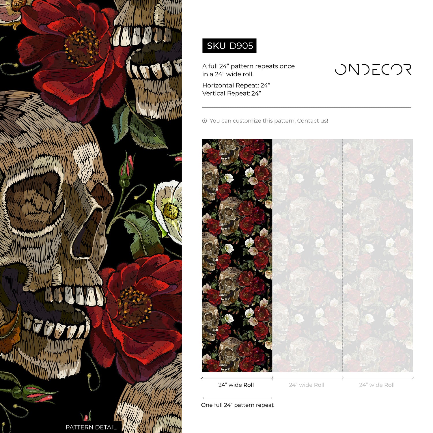 Dark Floral and Skull Wallpaper Maximalist Wallpaper Peel and Stick and Traditional Wallpaper - D905