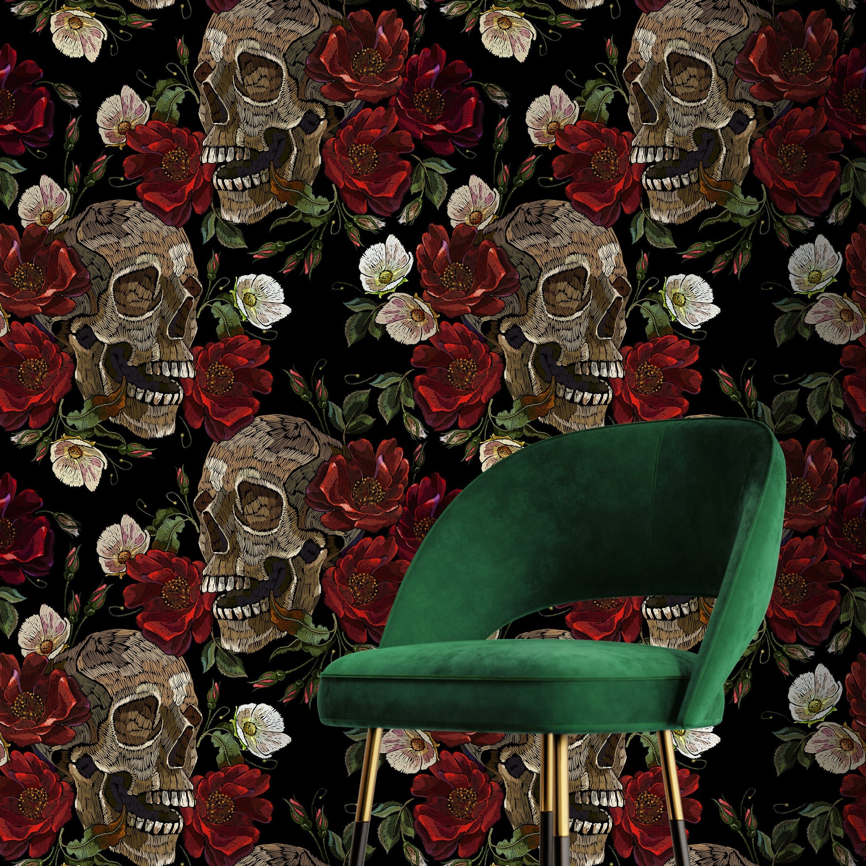 Dark Floral and Skull Wallpaper Maximalist Wallpaper Peel and Stick and Traditional Wallpaper - D905