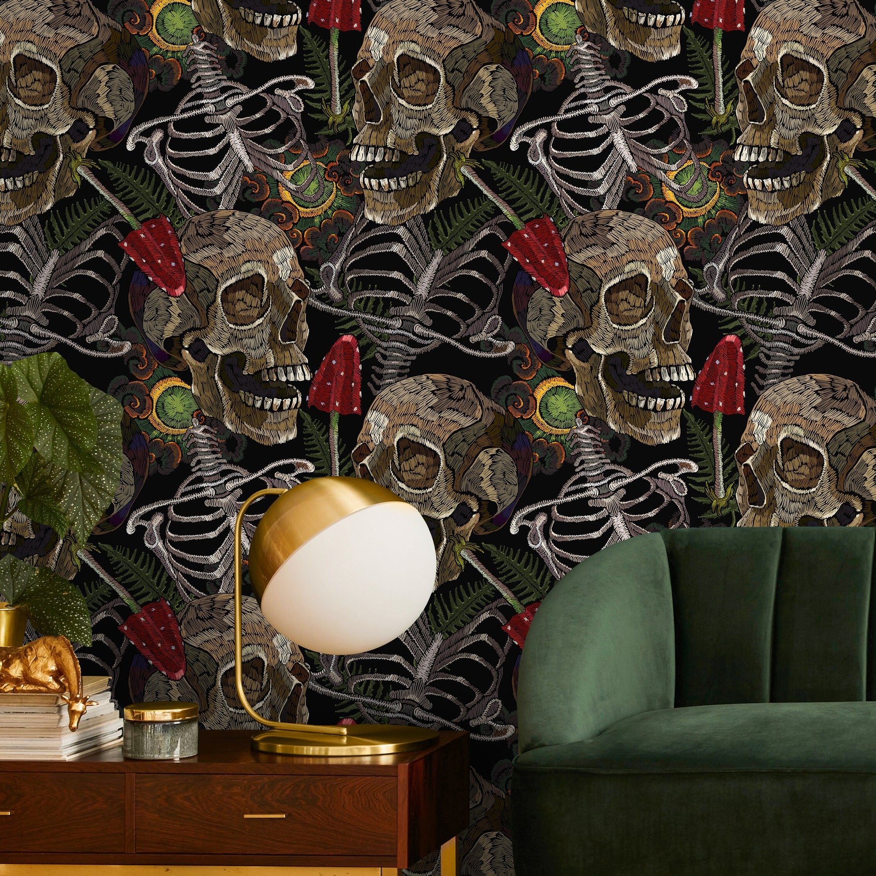 Fern and Skull Wallpaper Peel and Stick and Traditional Wallpaper - D917