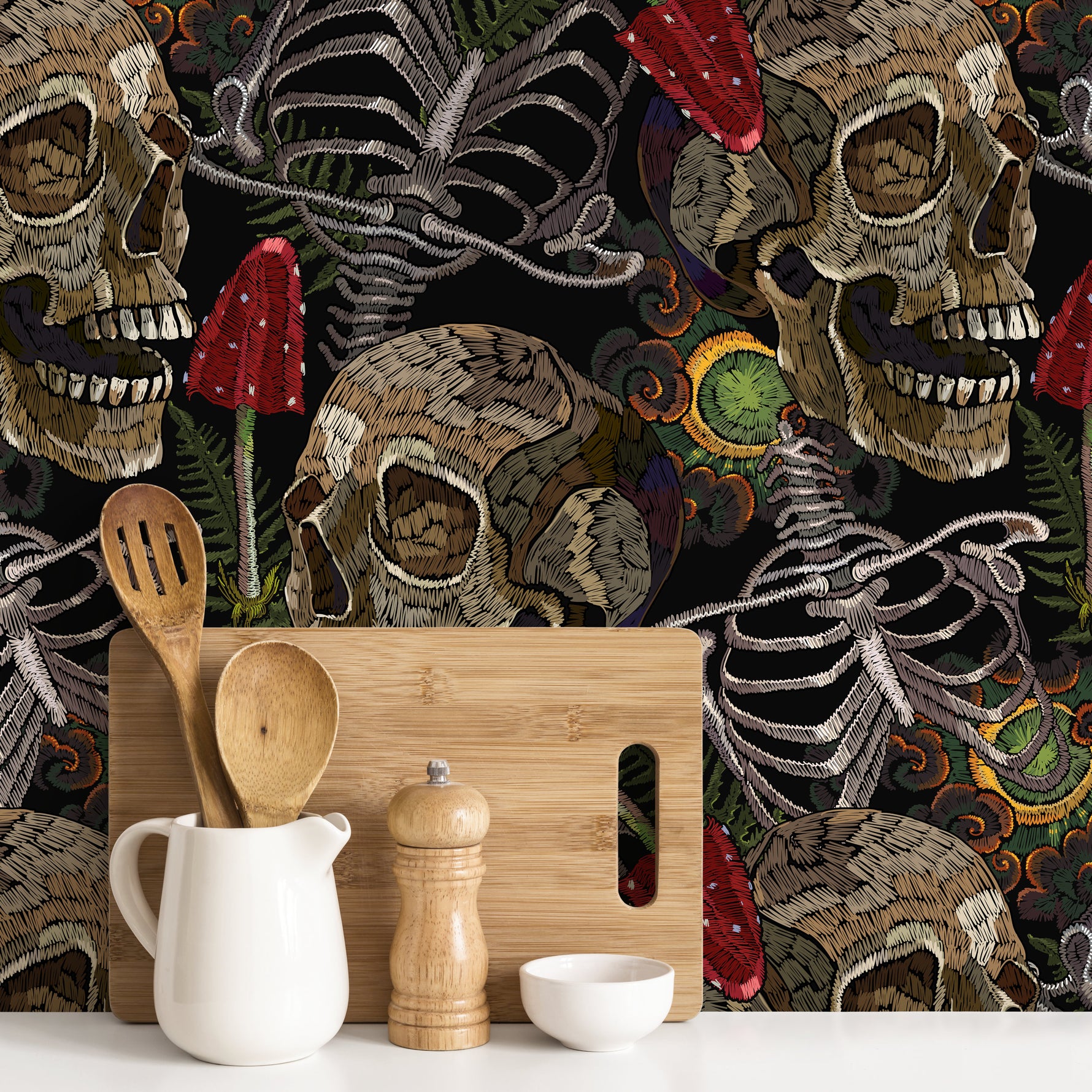 Fern and Skull Wallpaper Peel and Stick and Traditional Wallpaper - D917