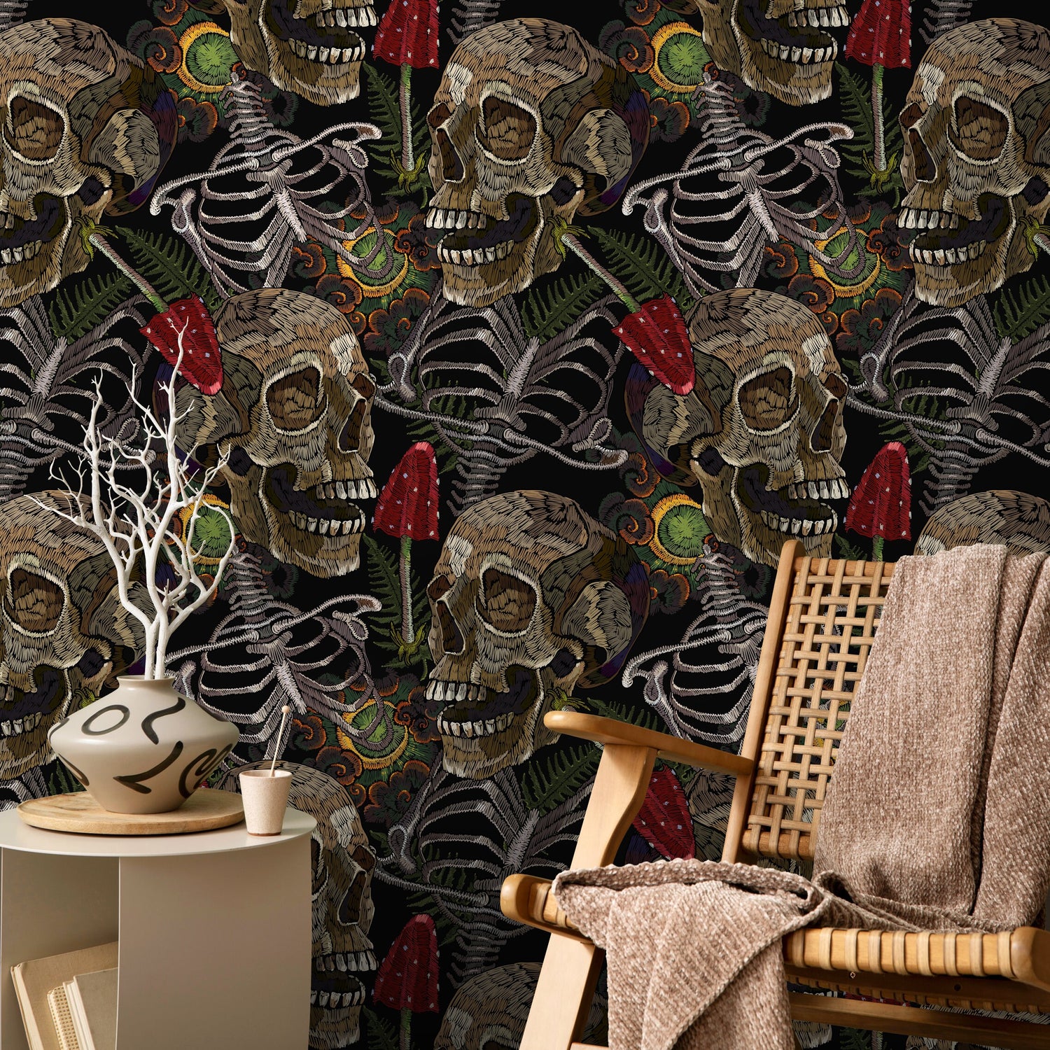 Fern and Skull Wallpaper Peel and Stick and Traditional Wallpaper - D917