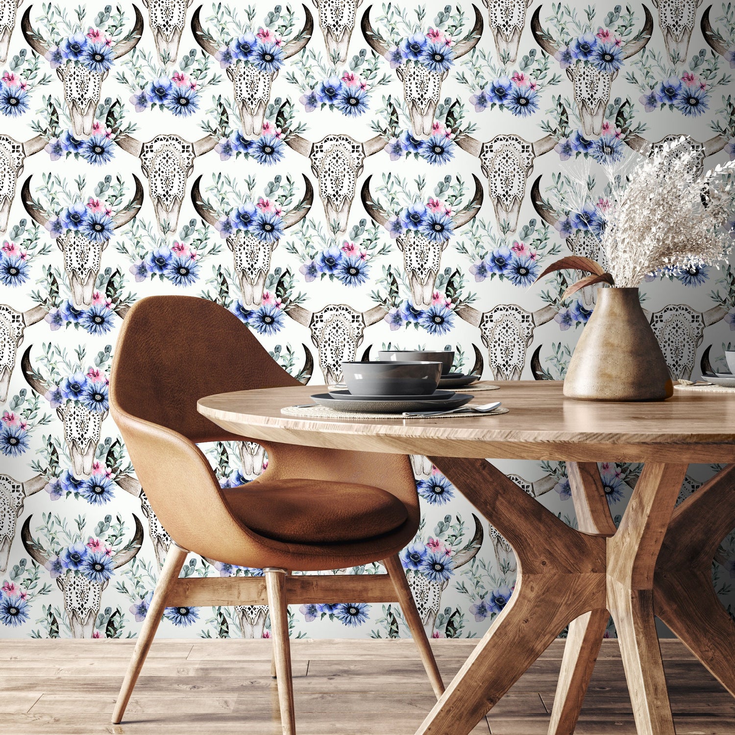 Vintage Floral Wallpaper Goat Skull Wallpaper Peel and Stick and Traditional Wallpaper - D926