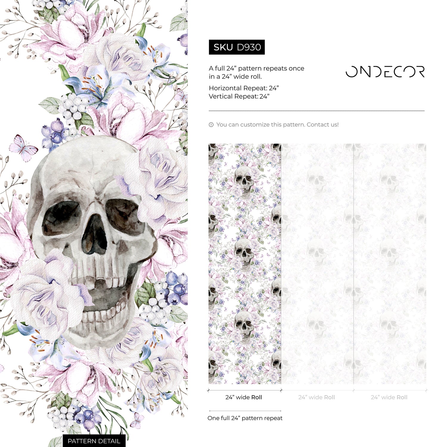 Vintage Floral Wallpaper Light Floral Skull Wallpaper Peel and Stick and Traditional Wallpaper - D930