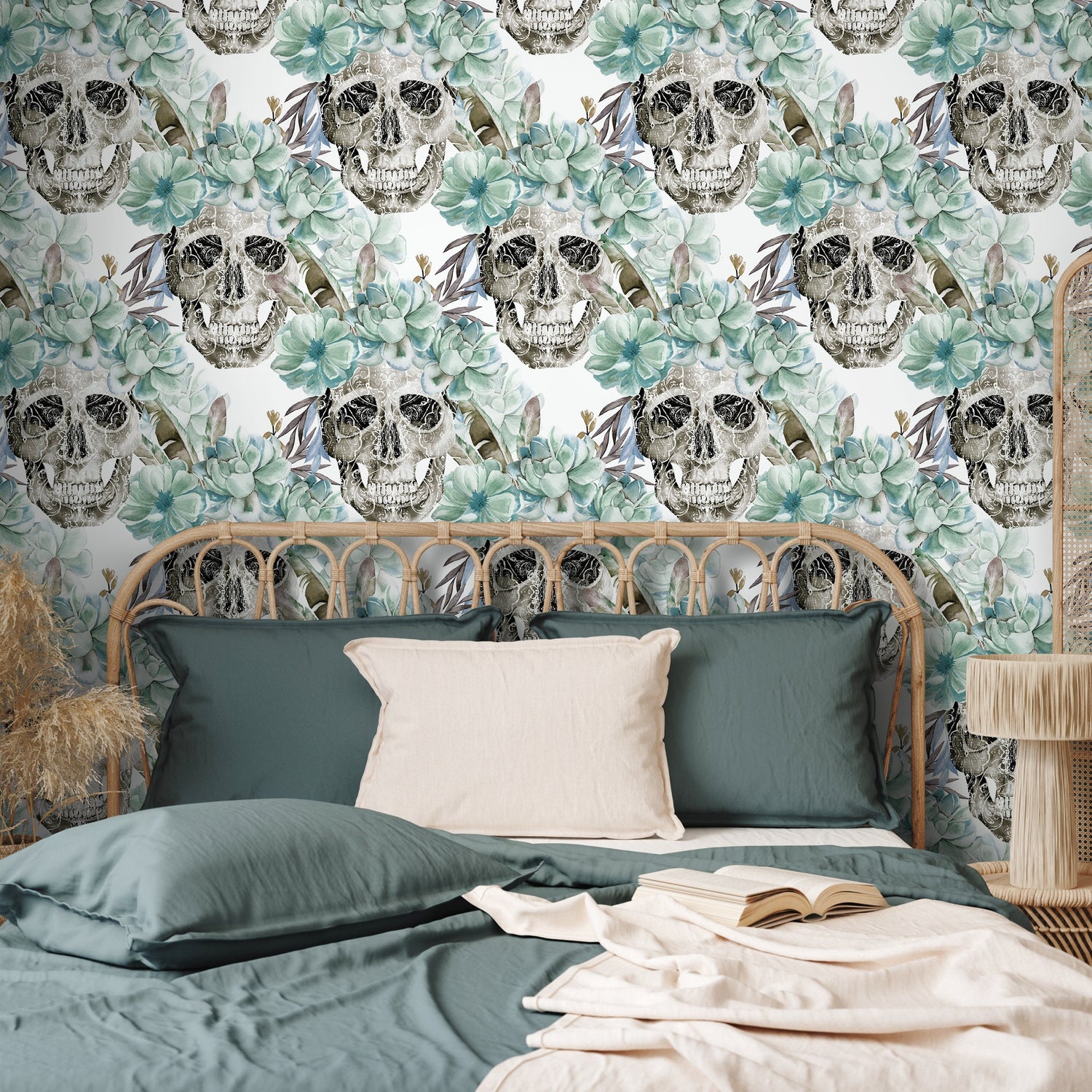 Vintage Floral Wallpaper Succulent and Skull Wallpaper Peel and Stick and Traditional Wallpaper - D925