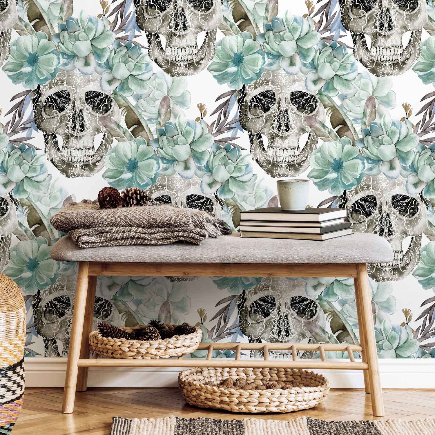 Vintage Floral Wallpaper Succulent and Skull Wallpaper Peel and Stick and Traditional Wallpaper - D925