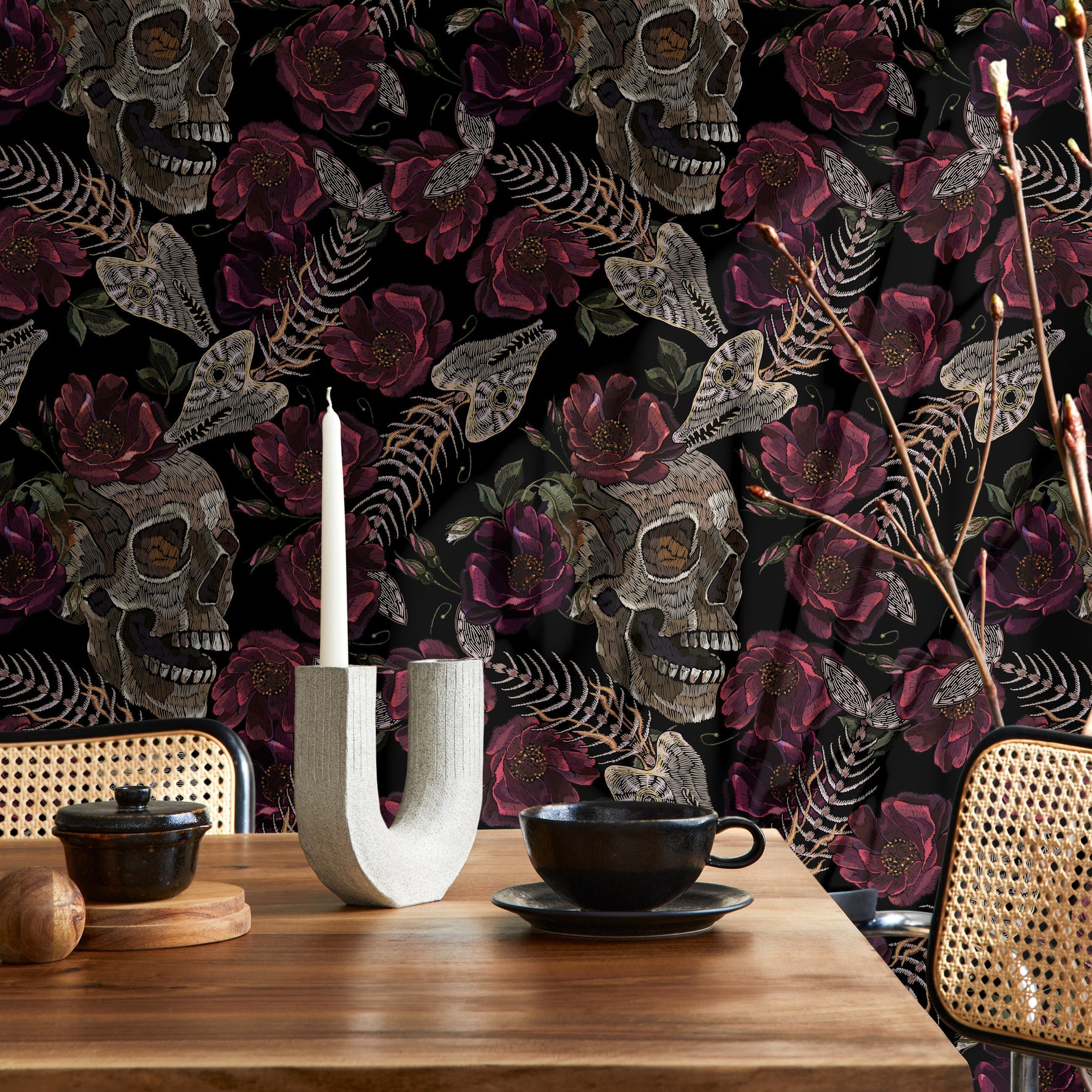 Gothic Floral Wallpaper Fish Skeleton and Skull Wallpaper Peel and Stick and Traditional Wallpaper - D915