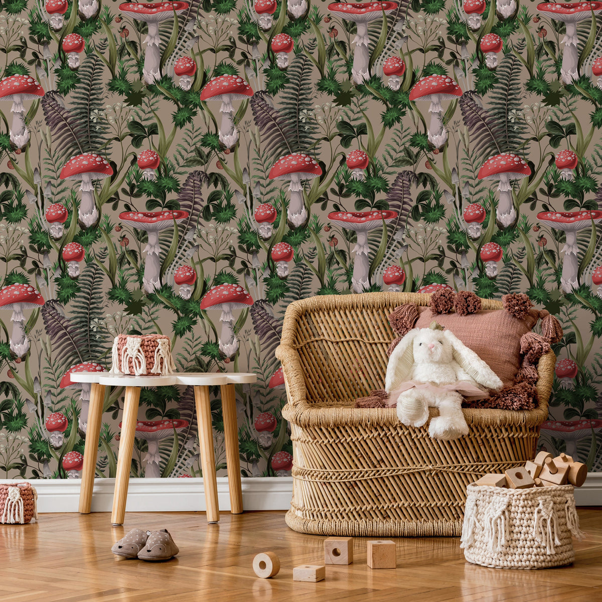 Fern and Mushroom Wallpaper Botanical Wallpaper Peel and Stick and Traditional Wallpaper - D920