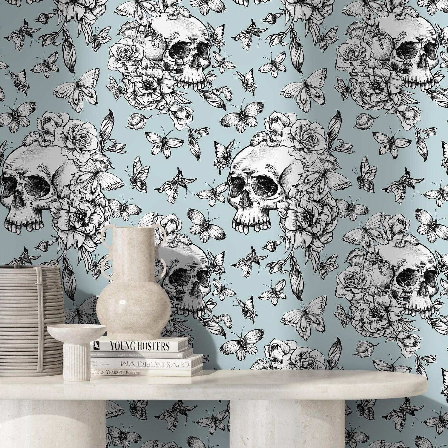 Vintage Floral Wallpaper Butterfly and Skull Wallpaper Peel and Stick and Traditional Wallpaper - D927