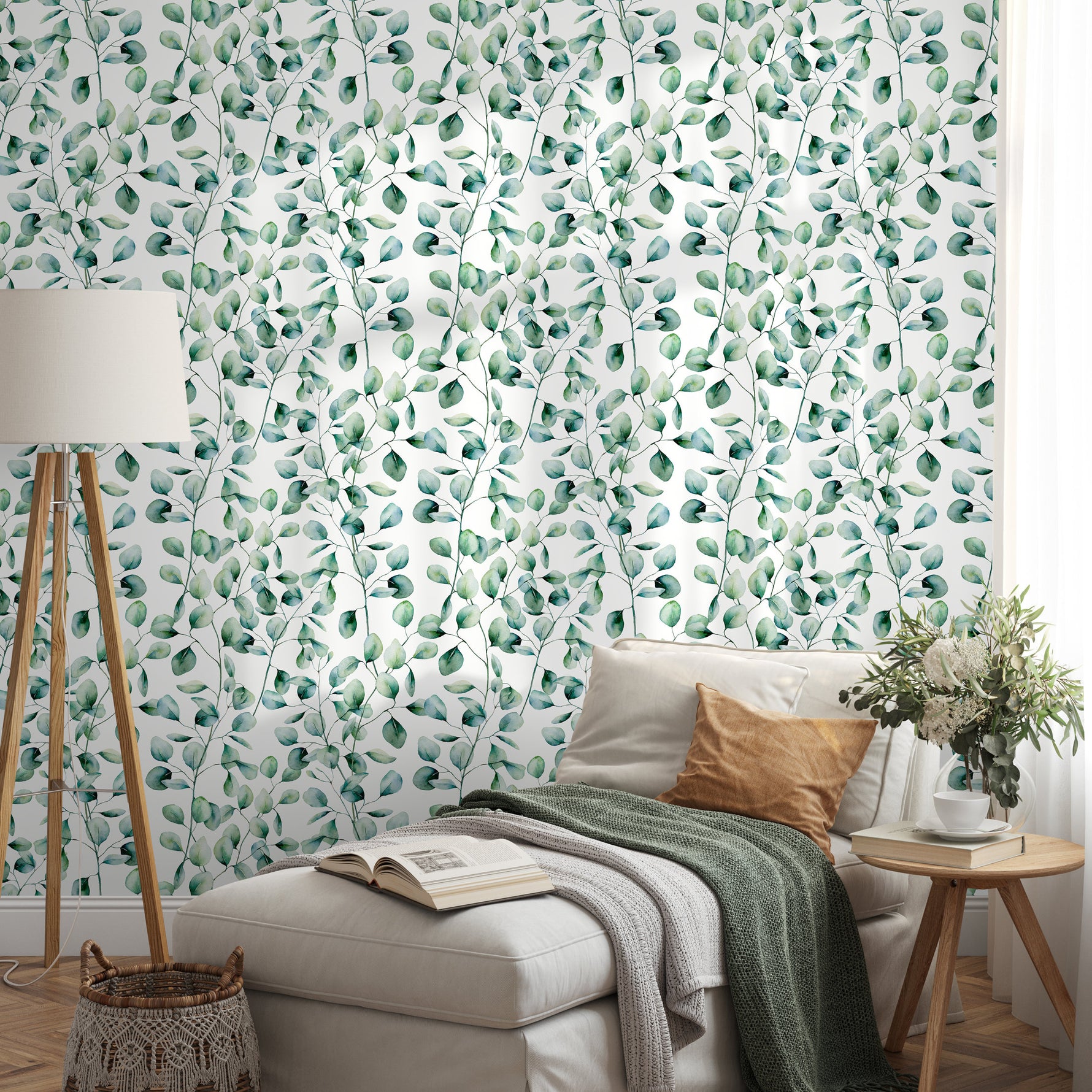 Wallpaper Peel and Stick Wallpaper Removable Wallpaper Home Decor Wall Art Wall Decor Room Decor / Green Leaves Watercolor Wallpaper - A655