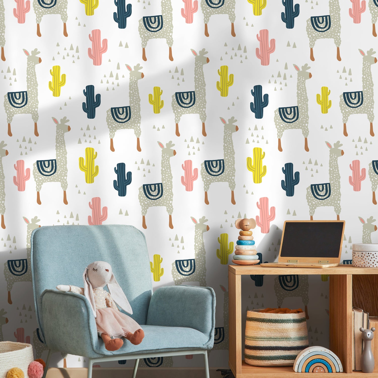 Wall Decor Wallpaper Peel and Stick Wallpaper Removable Wallpaper Home Decor Room Decor / Llamas and Cactus Nursery Wallpaper - A395