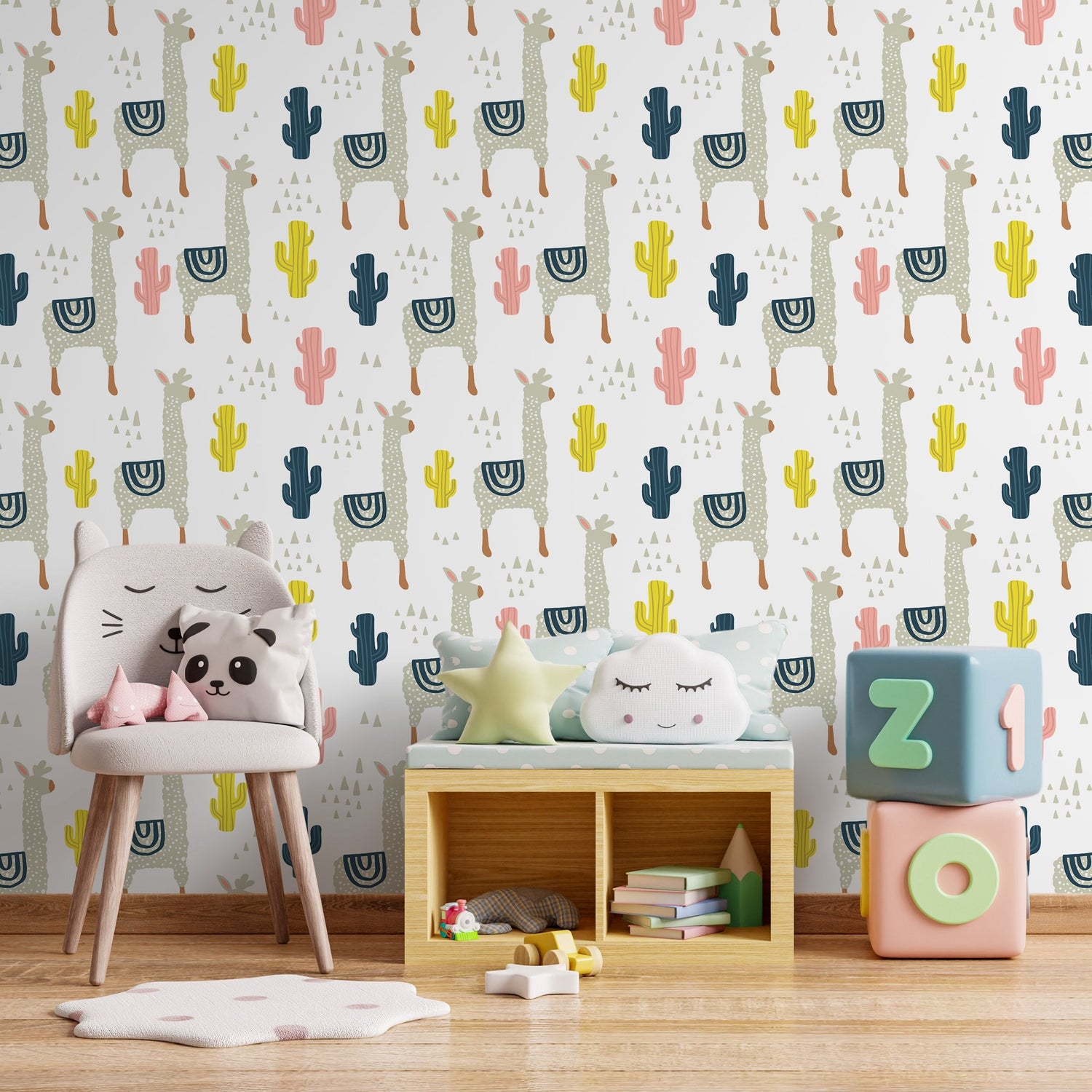 Wall Decor Wallpaper Peel and Stick Wallpaper Removable Wallpaper Home Decor Room Decor / Llamas and Cactus Nursery Wallpaper - A395