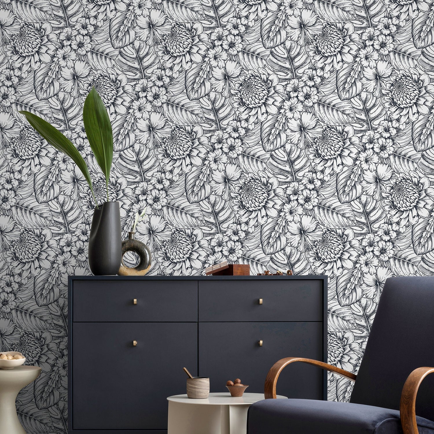 Removable Wallpaper Peel and Stick Wallpaper Wall Paper Wall Mural - Hand Draw Floral Wallpaper - A462