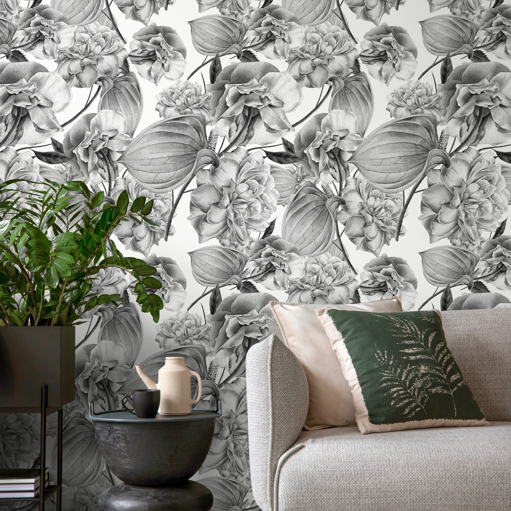 Removable Wallpaper Peel and Stick Wallpaper Wall Paper Wall Mural - Grayscale Tropical Wallpaper - D973