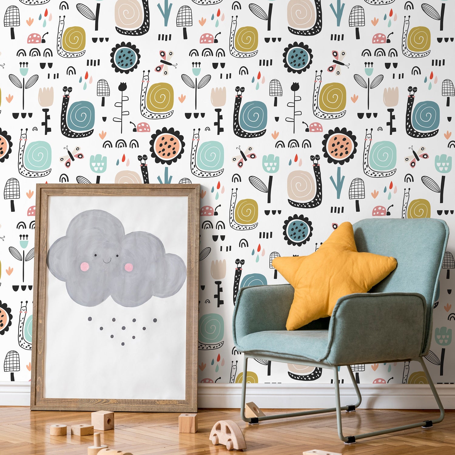 Wall Decor Wallpaper Peel and Stick Wallpaper Removable Wallpaper Home Decor Wall Art Room Decor / Floral Snail Kids Wallpaper - A742