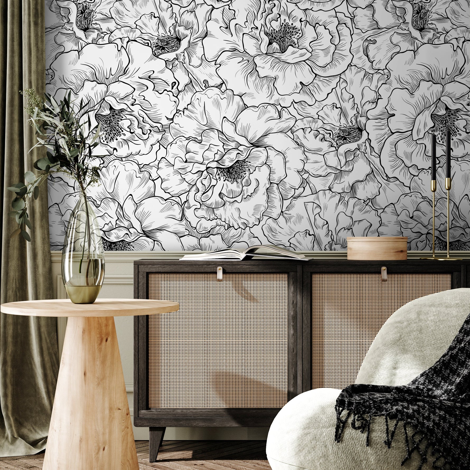 Removable Wallpaper, Scandinavian Wallpaper, Handrawn Wallpaper, Peel and Stick Wallpaper, Wall Paper, Black And White - A788