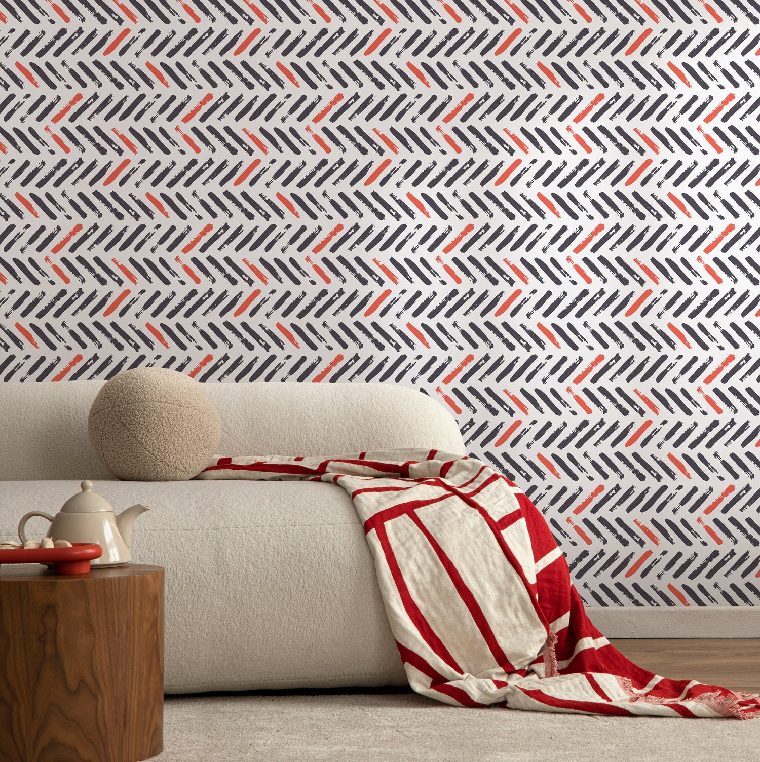 Wall Decor Wallpaper Peel and Stick Wallpaper Removable Wallpaper Home Decor Room Decor / Gray and Red Chevron Modern Wallpaper - A637