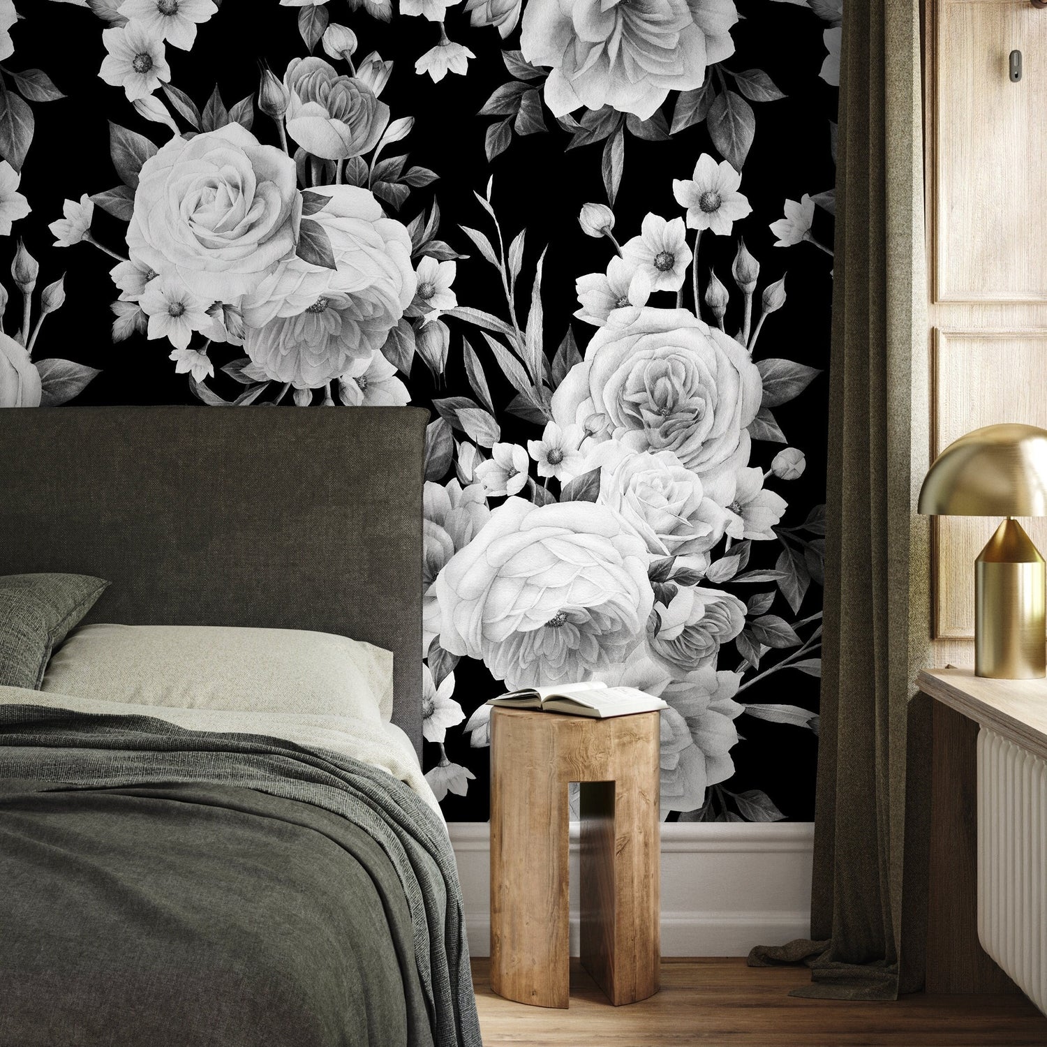 Vintage Roses Wallpaper Dark Floral Wallpaper Peel and Stick and Traditional Wallpaper - CC - A558