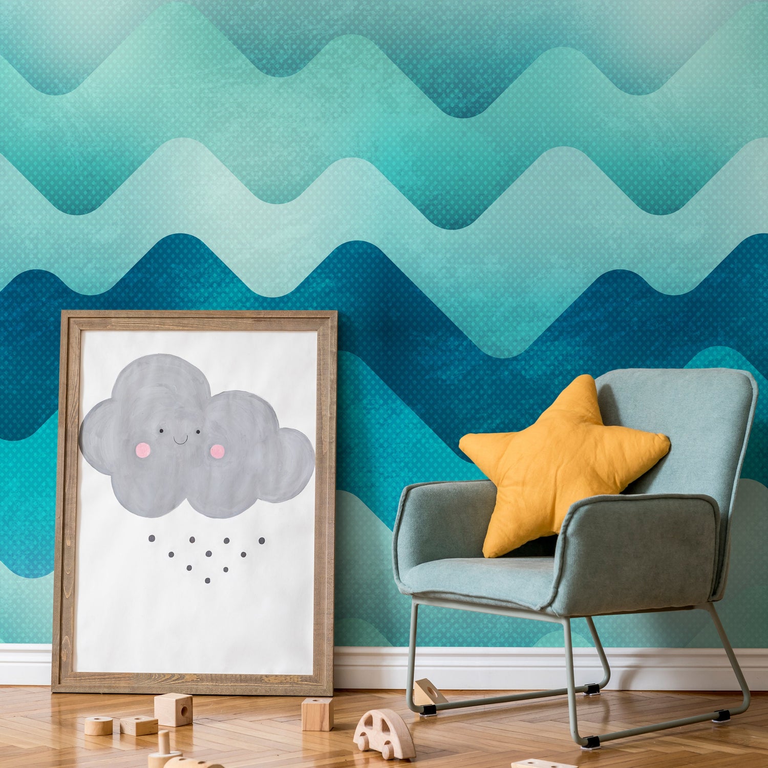 Removable Wallpaper Scandinavian Wallpaper Blue Waves Wallpaper Peel and Stick Wallpaper Wall Paper - A968