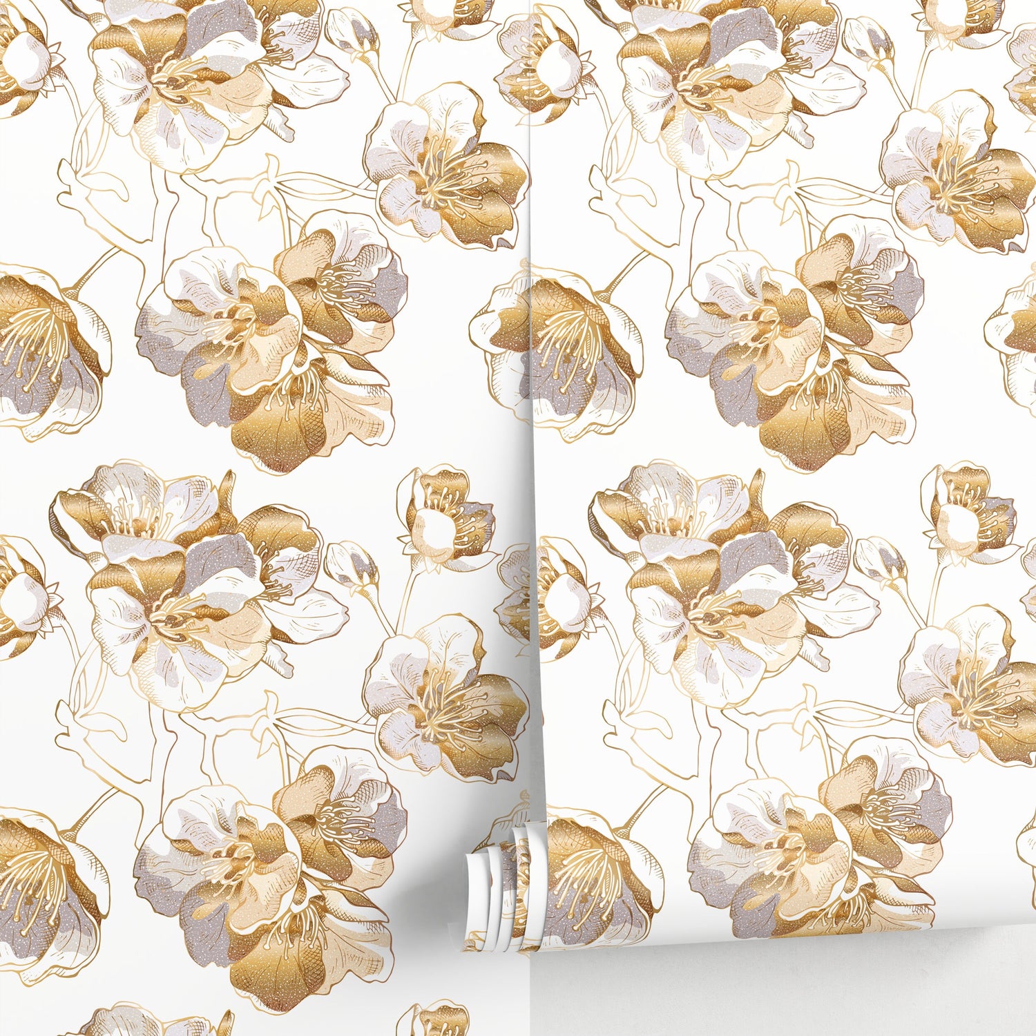 Removable Wallpaper, Scandinavian Wallpaper, Minimalistic Wallpaper, Peel and Stick Wallpaper, WallPaper, Non Metallic Gold Flowers - A979