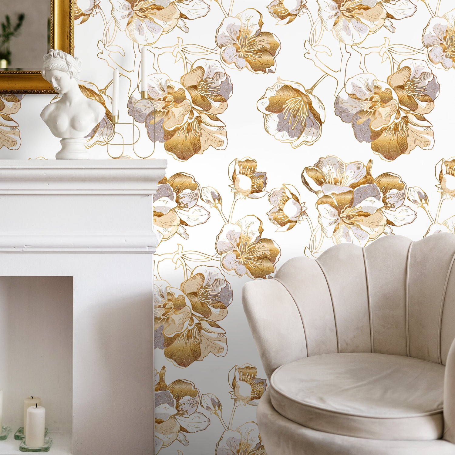 Removable Wallpaper, Scandinavian Wallpaper, Minimalistic Wallpaper, Peel and Stick Wallpaper, WallPaper, Non Metallic Gold Flowers - A979