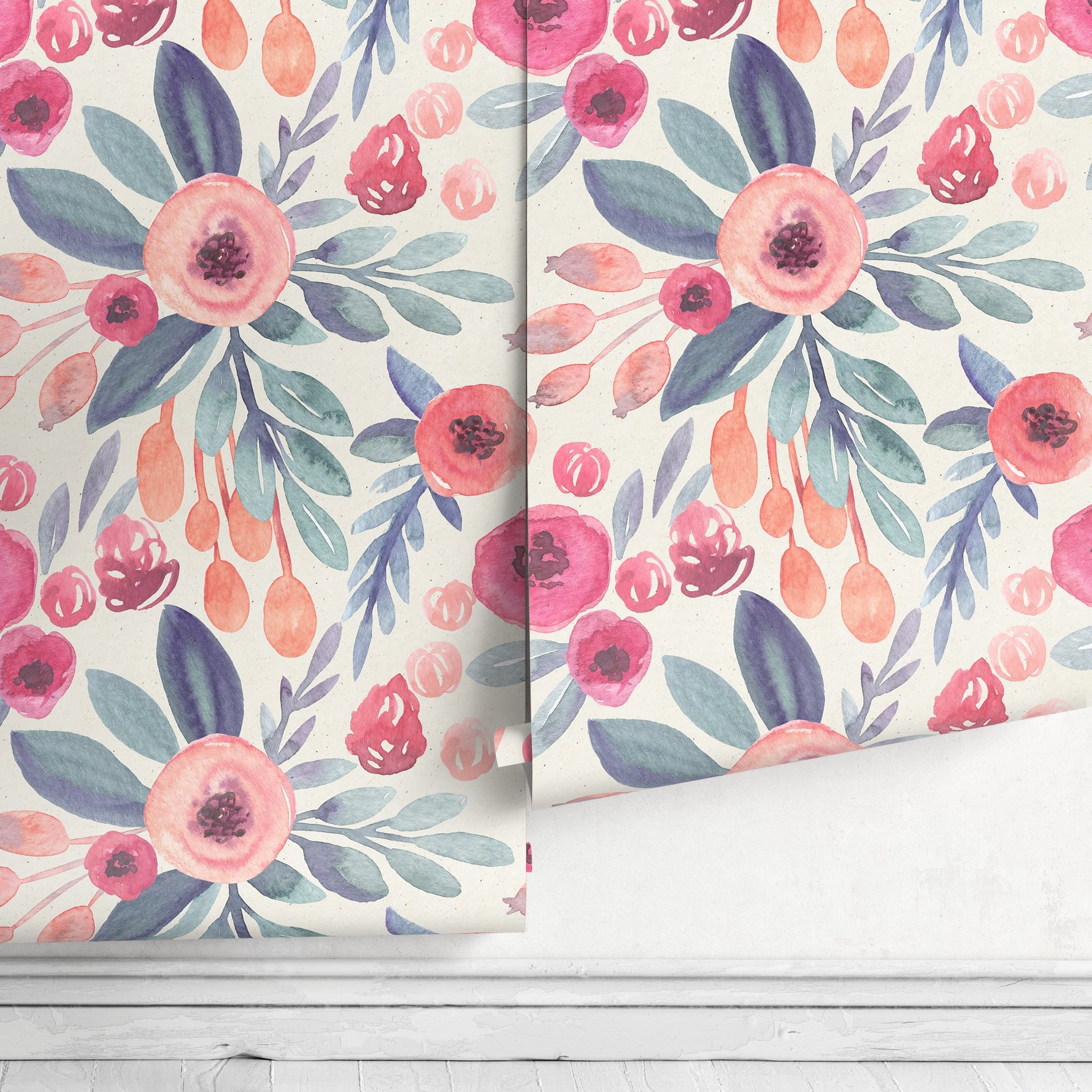 Floral Watercolor Wallpaper Nursery Flowers Wallpaper Peel and Stick Wallpaper Home Decor - A264