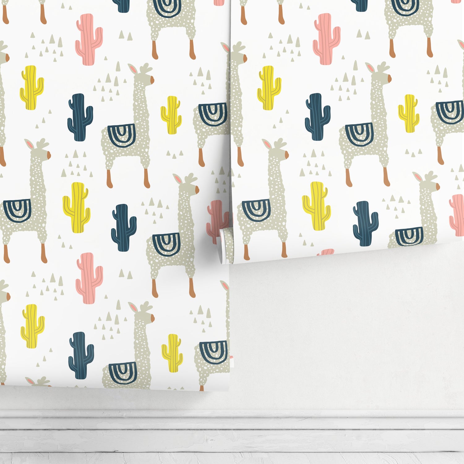 Wall Decor Wallpaper Peel and Stick Wallpaper Removable Wallpaper Home Decor Room Decor / Llamas and Cactus Nursery Wallpaper - A395