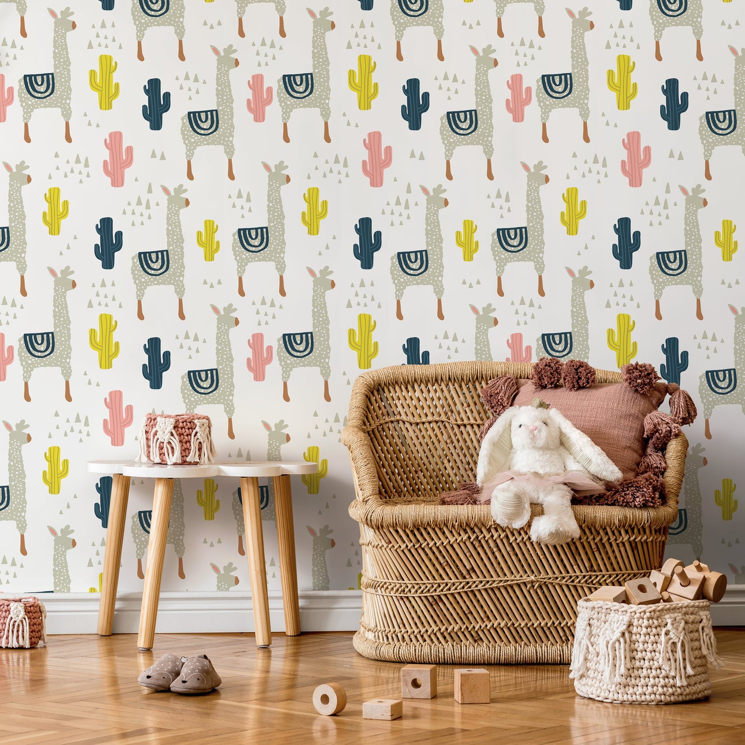 Wall Decor Wallpaper Peel and Stick Wallpaper Removable Wallpaper Home Decor Room Decor / Llamas and Cactus Nursery Wallpaper - A395