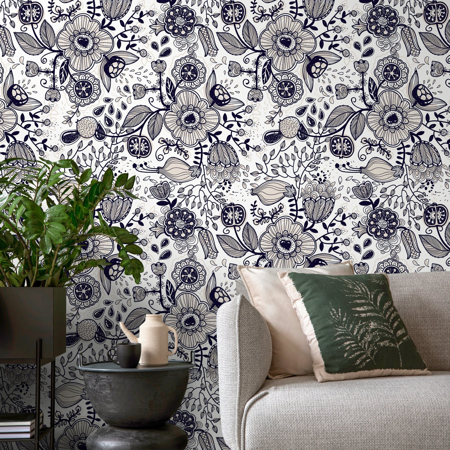 Floral Drawing Wallpaper Boho Wallpaper Peel and Stick and Traditional Wallpaper - A406