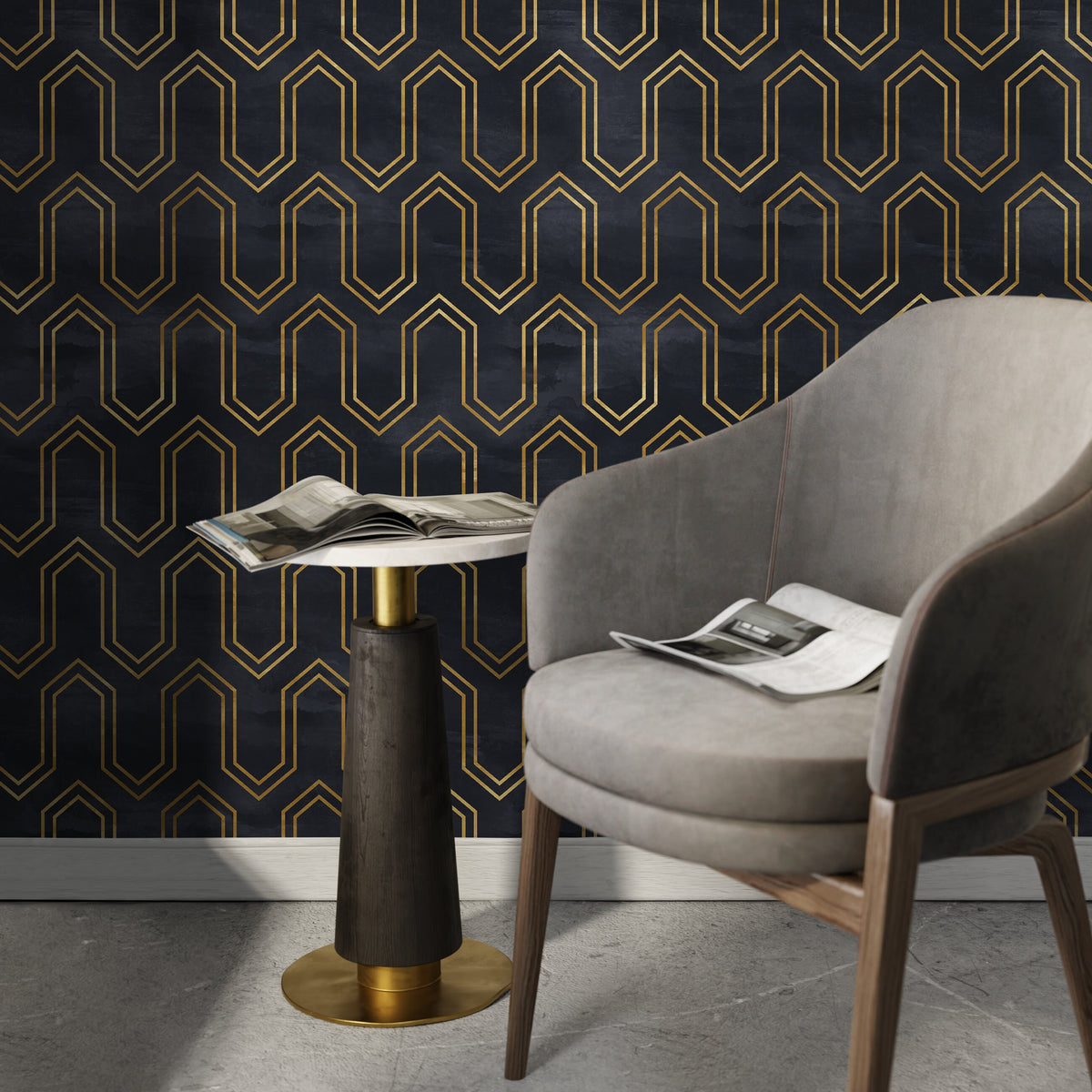 Removable Wallpaper Peel and Stick Wallpaper Wall Paper Wall Mural - Art Deco Black and Non-Metalic Yellow Gold Color - A436