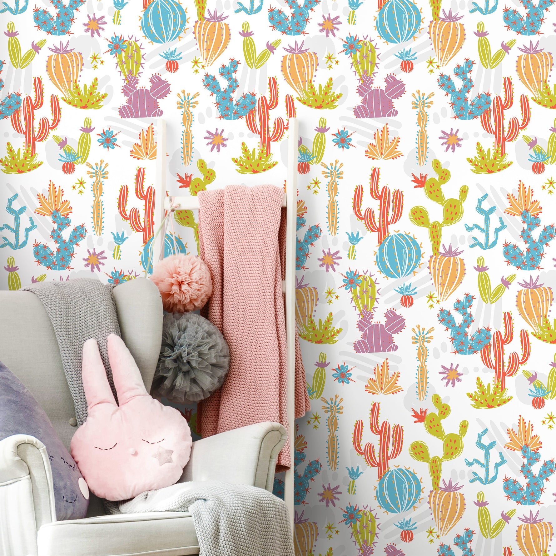 Wall Decor Wallpaper Peel and Stick Wallpaper Removable Wallpaper Home Decor Wall Art Room Decor / Colorful Cactus kids Wallpaper - A912