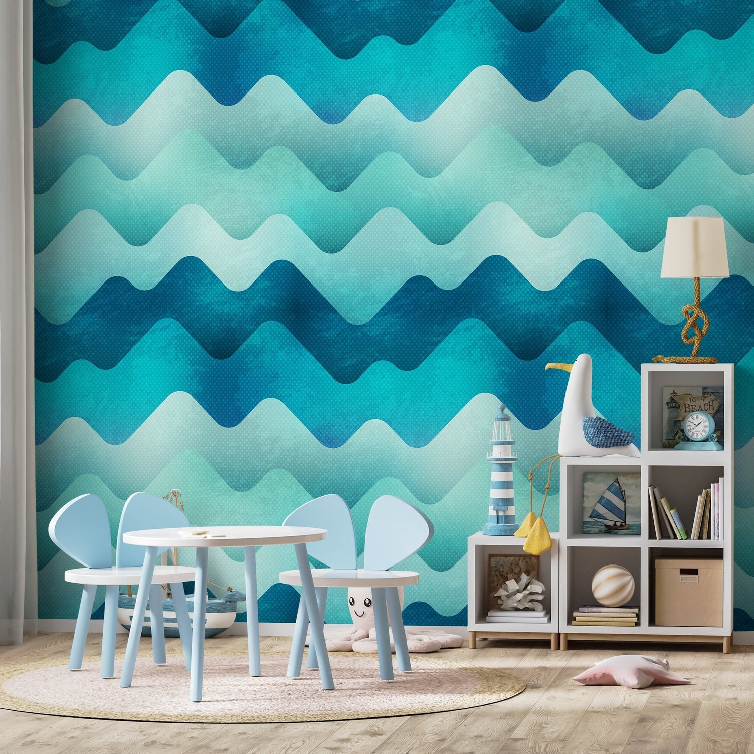 Removable Wallpaper Scandinavian Wallpaper Blue Waves Wallpaper Peel and Stick Wallpaper Wall Paper - A968