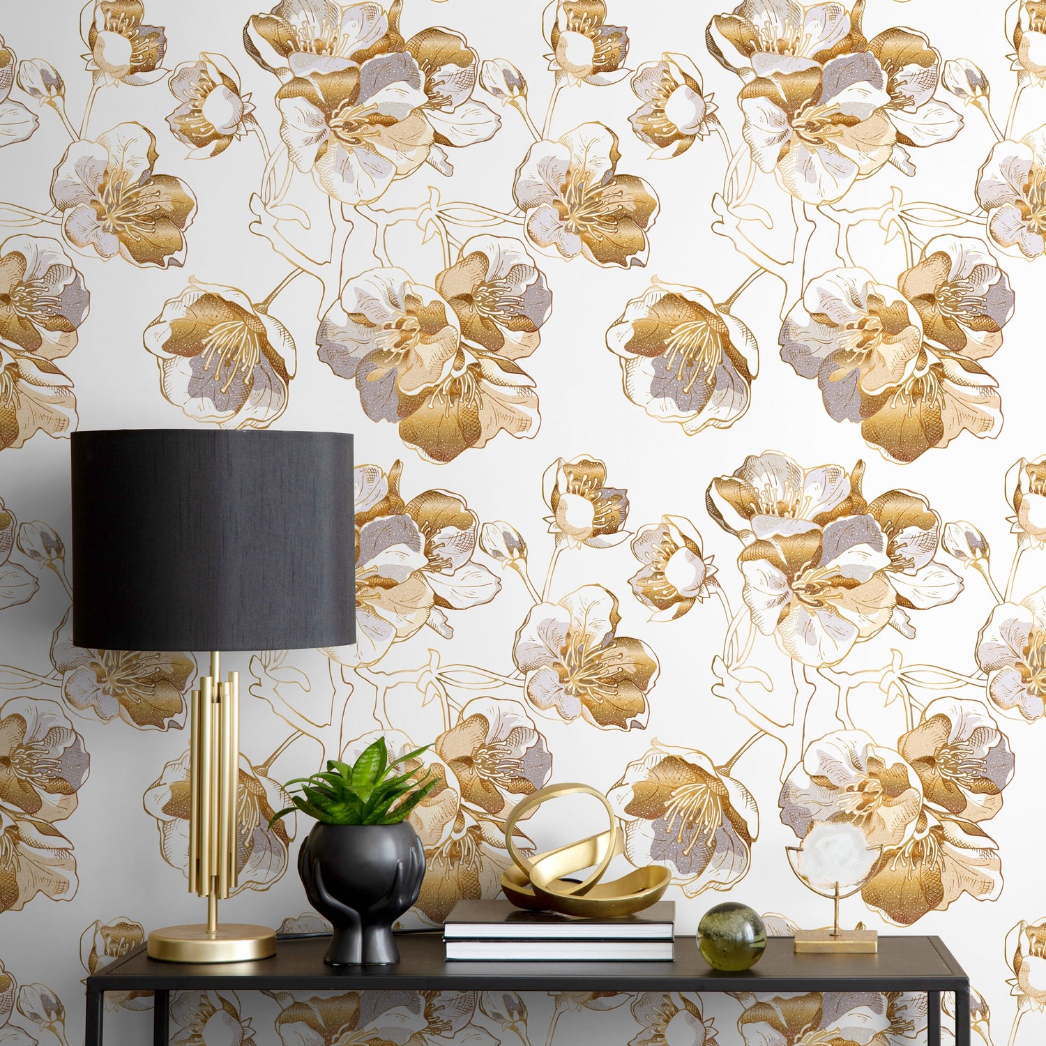 Removable Wallpaper, Scandinavian Wallpaper, Minimalistic Wallpaper, Peel and Stick Wallpaper, WallPaper, Non Metallic Gold Flowers - A979