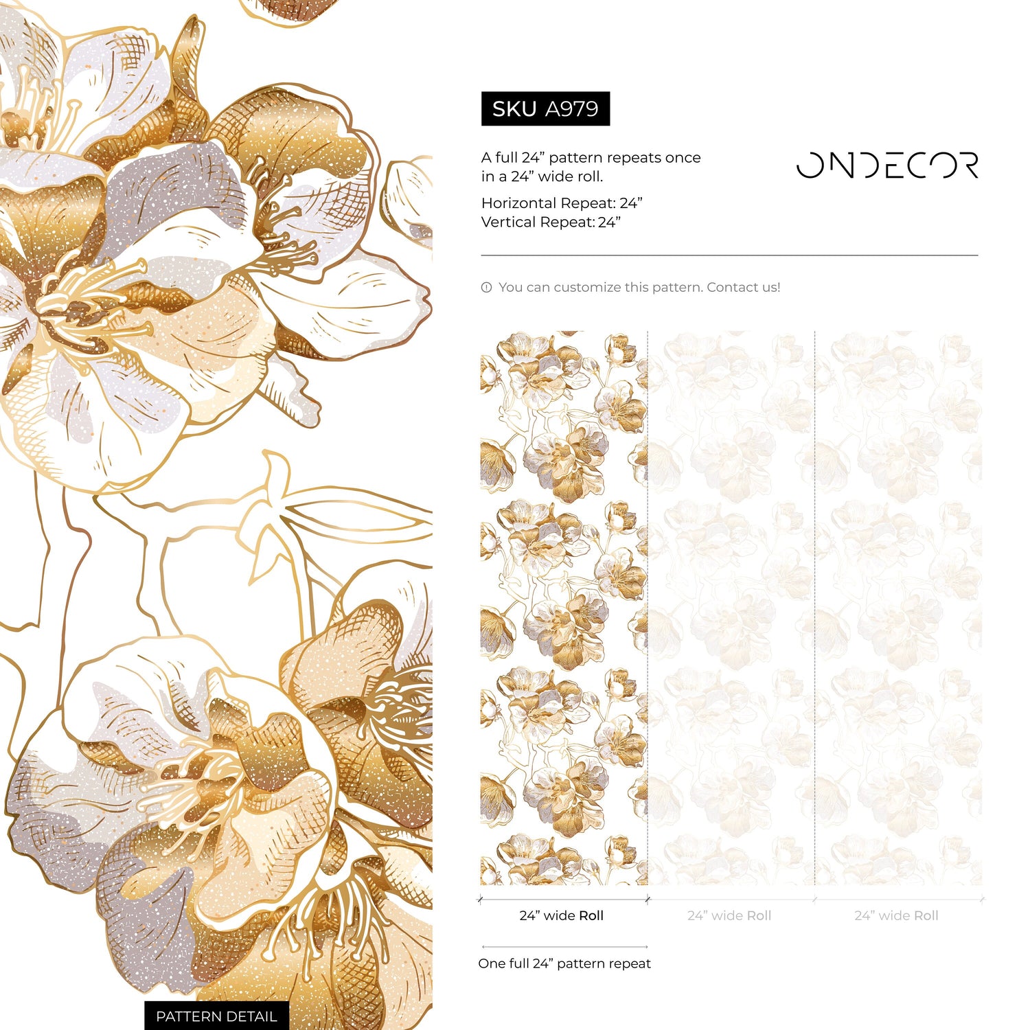 Removable Wallpaper, Scandinavian Wallpaper, Minimalistic Wallpaper, Peel and Stick Wallpaper, WallPaper, Non Metallic Gold Flowers - A979