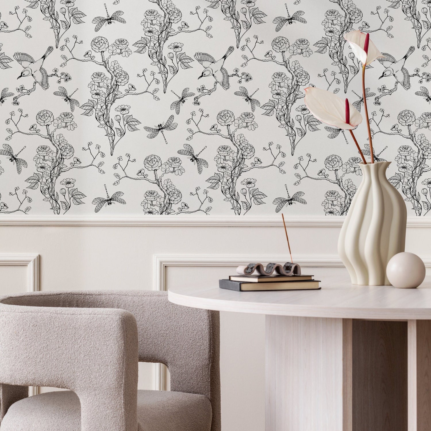 Wallpaper Peel and Stick Wallpaper Removable Wallpaper Home Decor Wall Decor Room Decor / Black and White Chinoiserie Wallpaper - A252