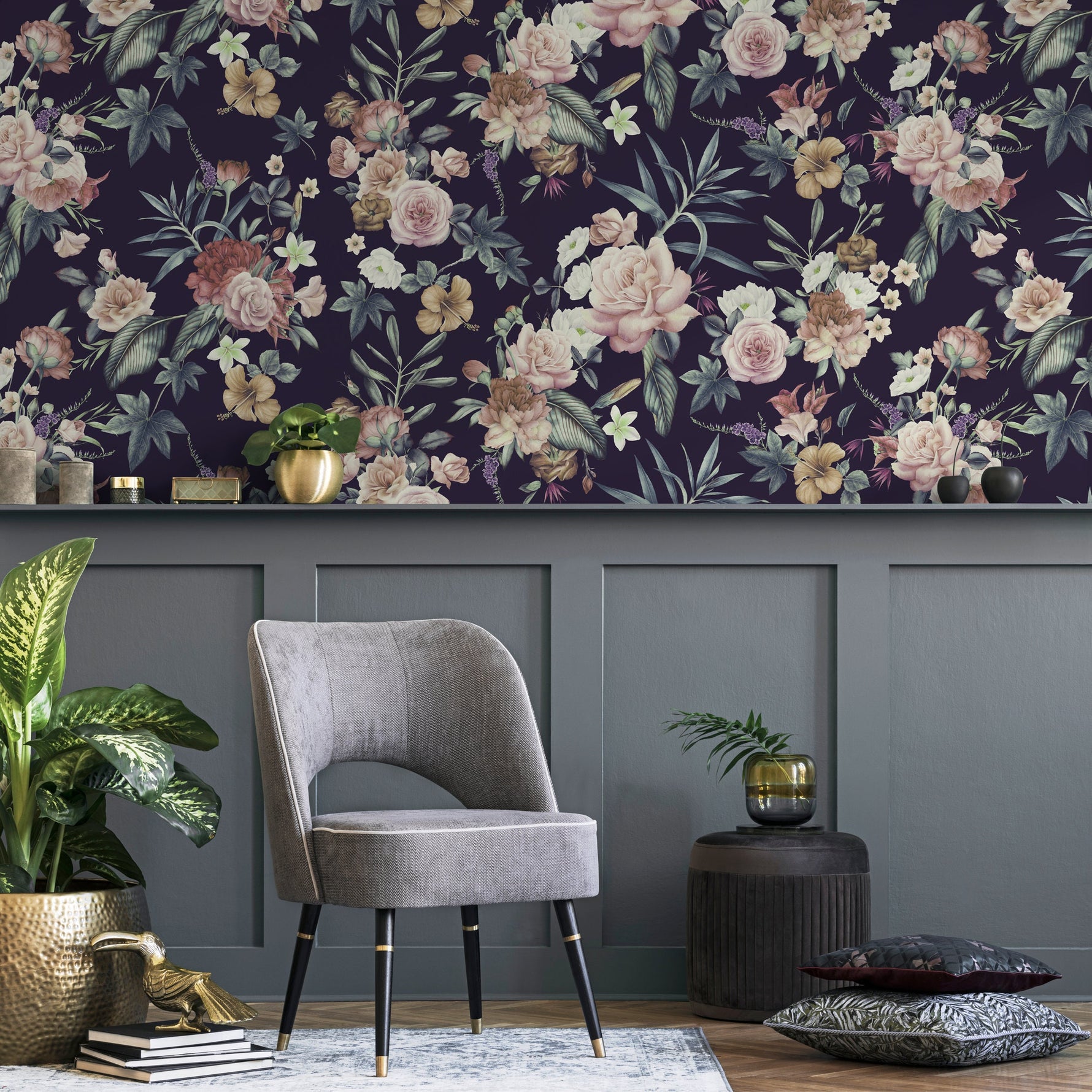 Wallpaper Peel and Stick Wallpaper Removable Wallpaper Temporary Wallpaper Home Decor Room Decor / Dark Floral Roses Wallpaper - A237