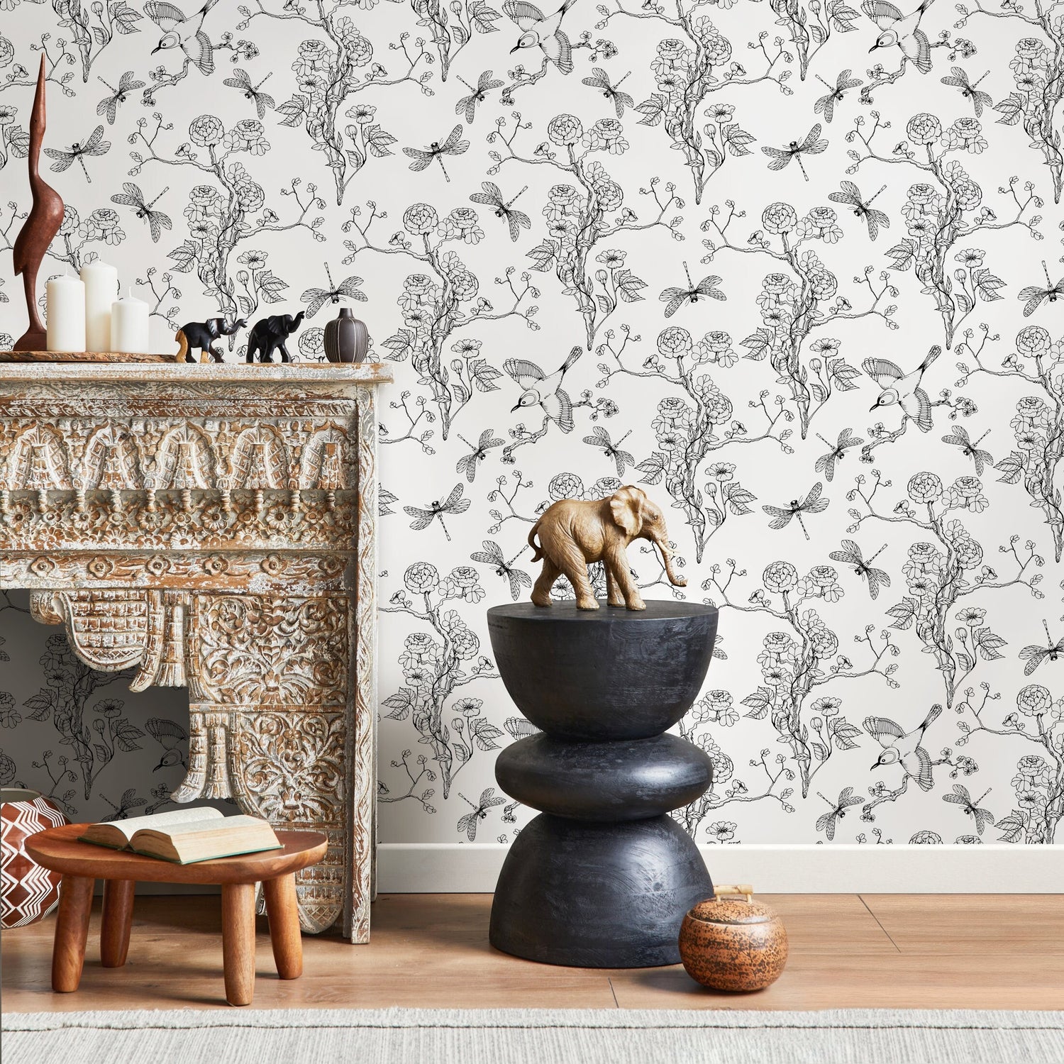 Wallpaper Peel and Stick Wallpaper Removable Wallpaper Home Decor Wall Decor Room Decor / Black and White Chinoiserie Wallpaper - A252