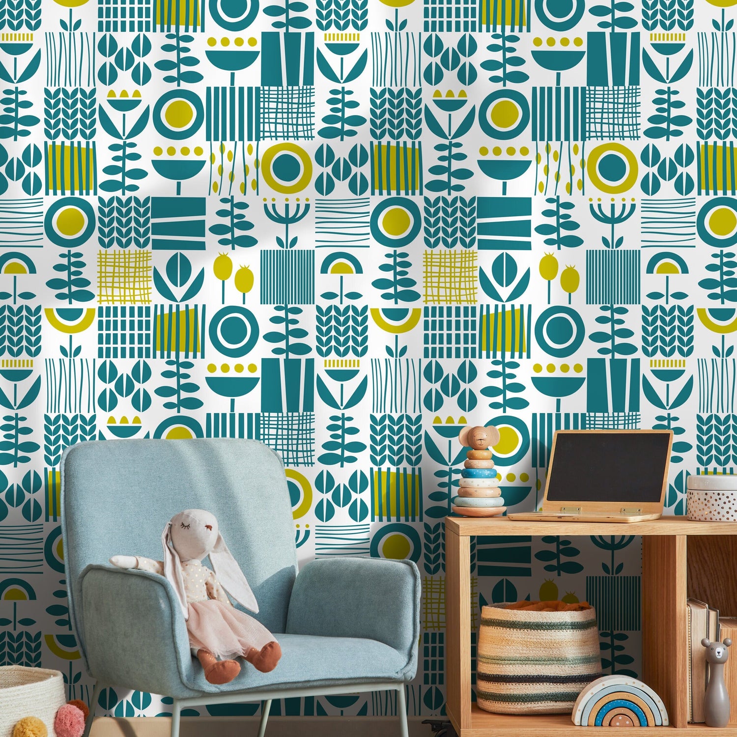 Wallpaper Peel and Stick Wallpaper Removable Wallpaper Home Decor Wall Decor Room Decor / Green and Yellow Scandinavian Wallpaper - A707