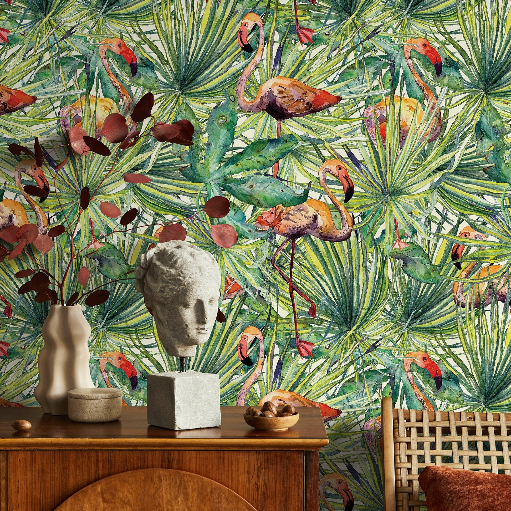 Wallpaper Peel and Stick Wallpaper Removable Wallpaper Home Decor Room Decor / Tropical Jungle Leaf Flamingo Wallpaper - A747