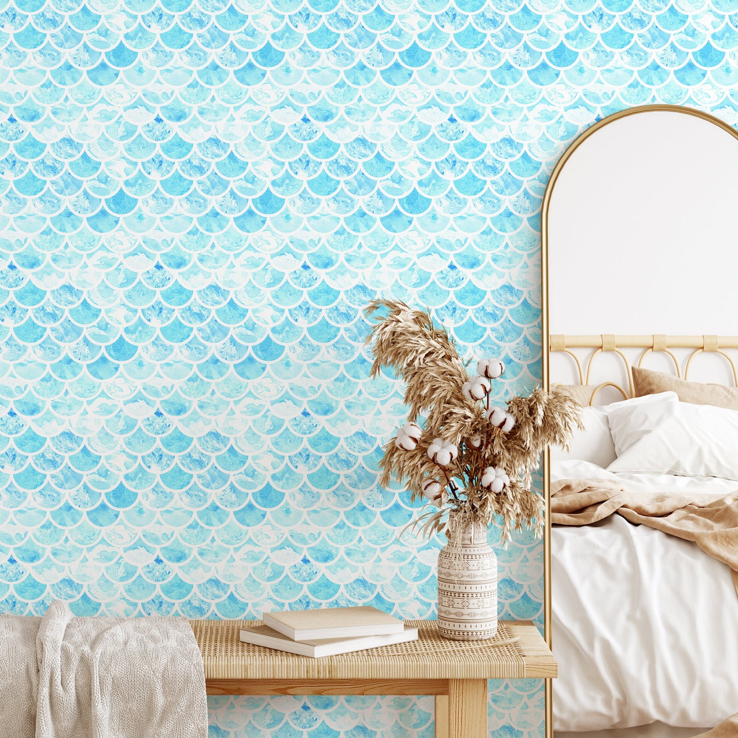 Wallpaper Peel and Stick Wallpaper Removable Wallpaper Home Decor Wall Art Wall Decor Room Decor / Blue Watercolor Tile Wallpaper - A044