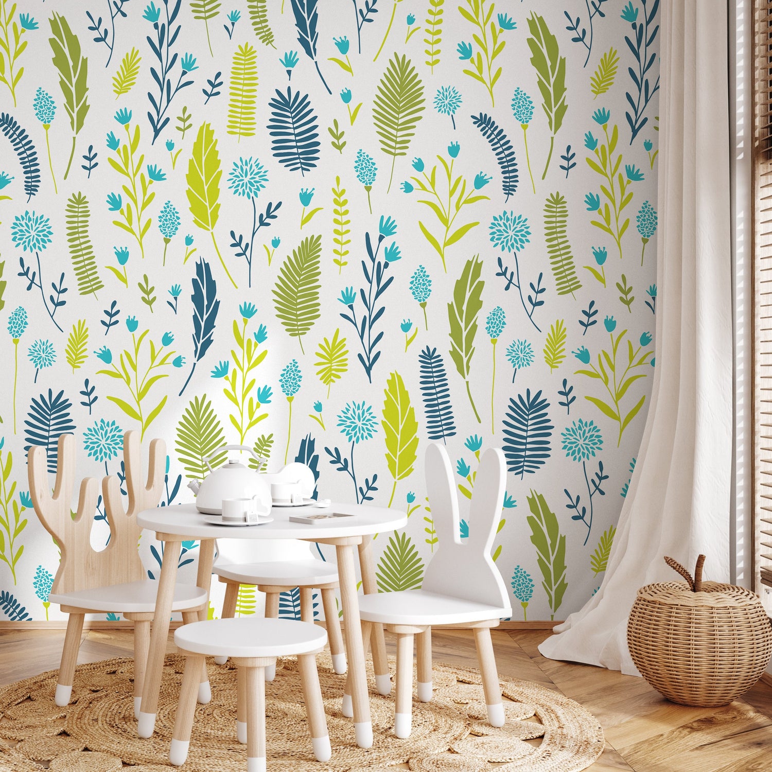 Wallpaper Removable Wallpaper Peel and Stick Wallpaper Wall Decor Home Decor Wall Art Room Decor / Green and Blue Leaf Wallpaper - A879