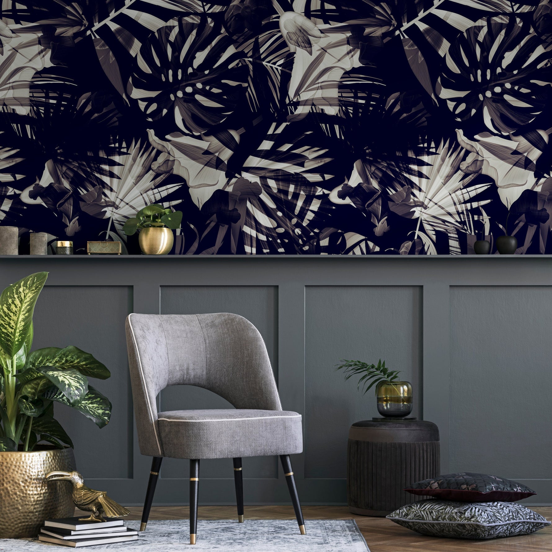 Wallpaper Peel and Stick Wallpaper Removable Wallpaper Home Decor Wall Art Wall Decor Room Decor / Black Tropical Leaves Wallpaper - A975