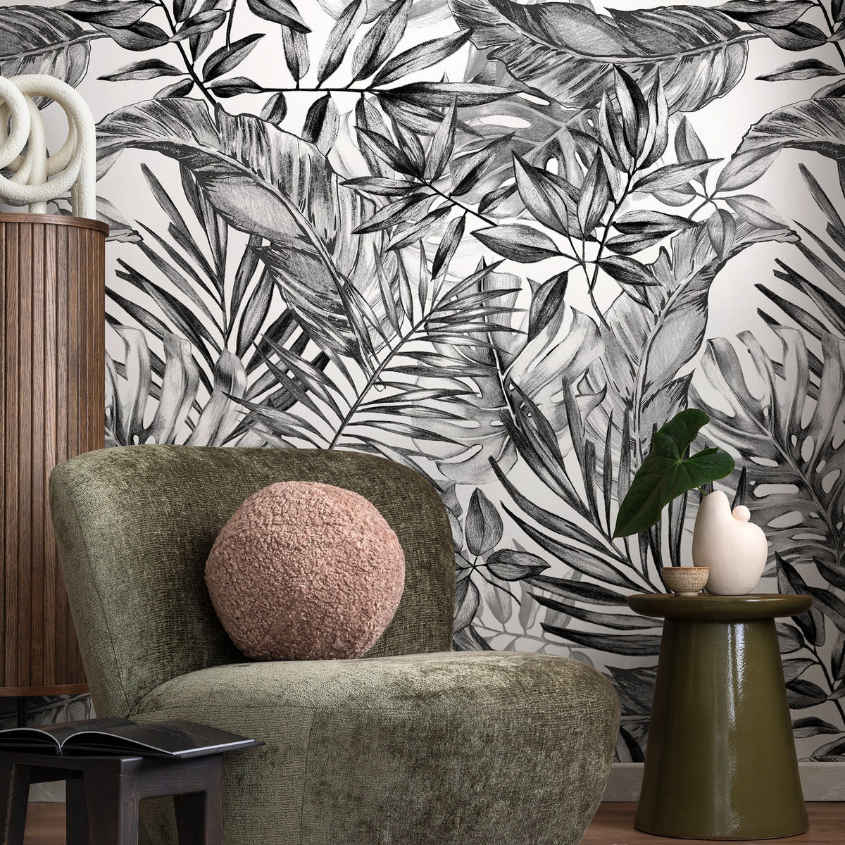 Wallpaper Peel and Stick Wallpaper Removable Wallpaper Home Room Decor / Black and White Monstera Wallpaper Tropical Jungle Wallpaper - A277