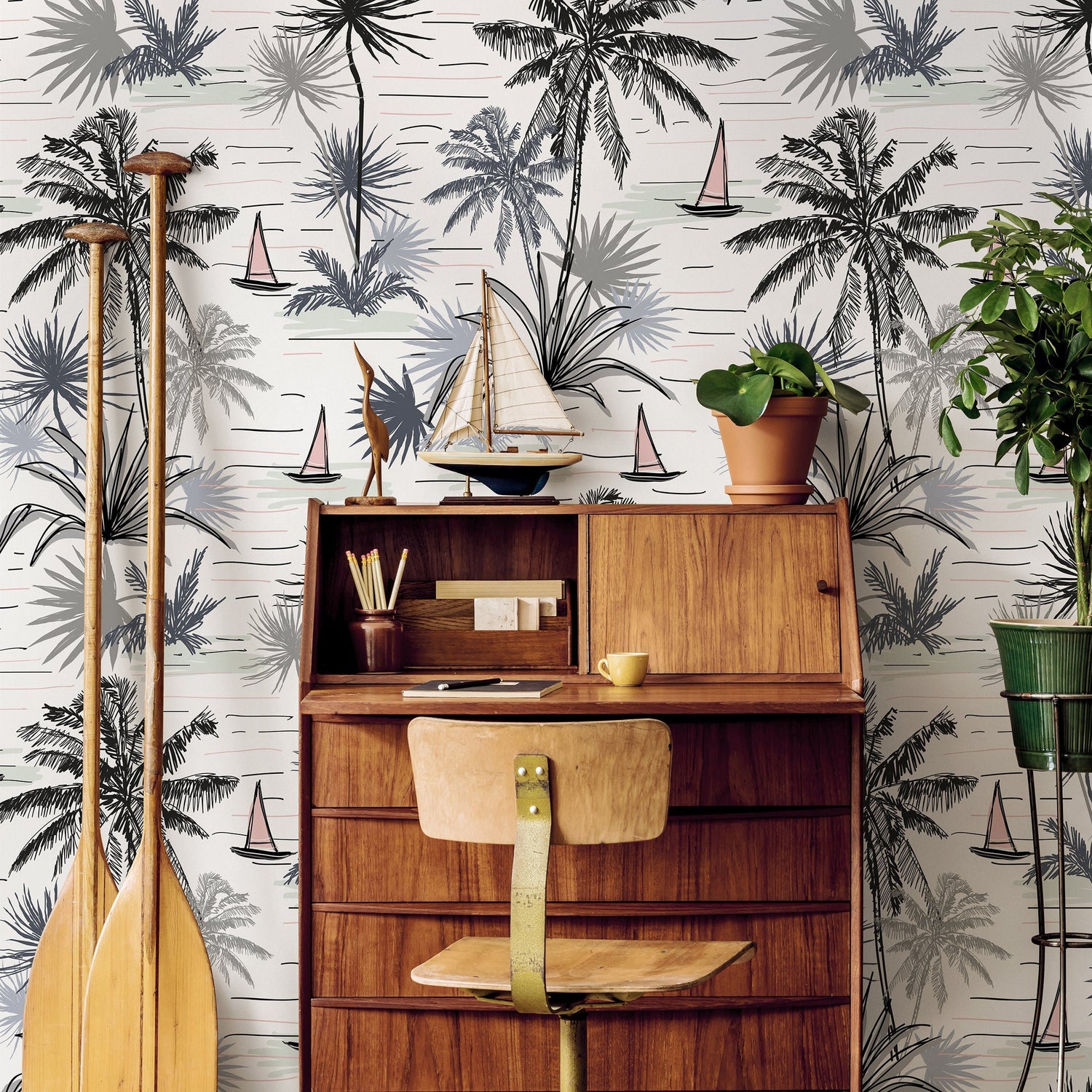 Wallpaper Peel and Stick Wallpaper Removable Wallpaper Home Decor Wall Art Wall Decor Room Decor / Boho Palms and Boat Wallpaper - A792