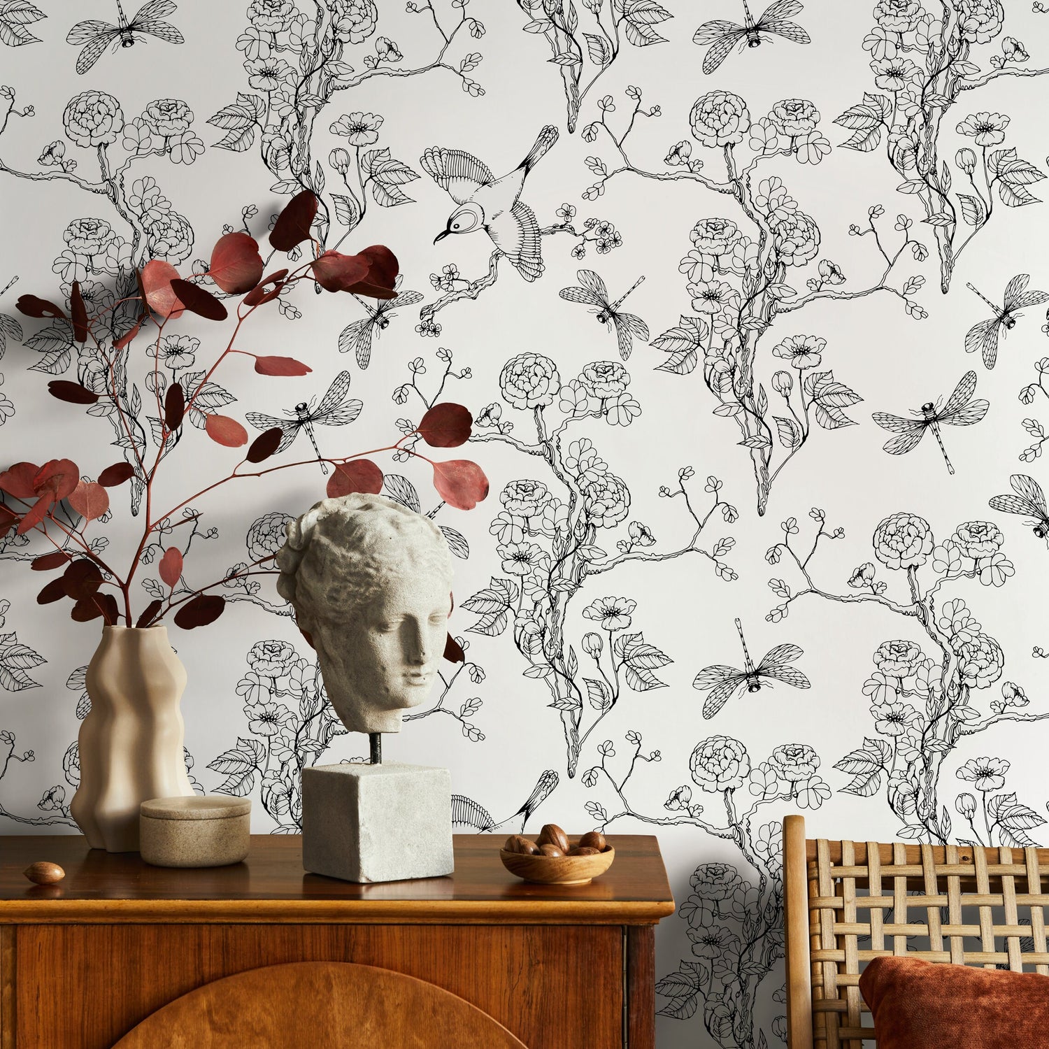 Wallpaper Peel and Stick Wallpaper Removable Wallpaper Home Decor Wall Decor Room Decor / Black and White Chinoiserie Wallpaper - A252