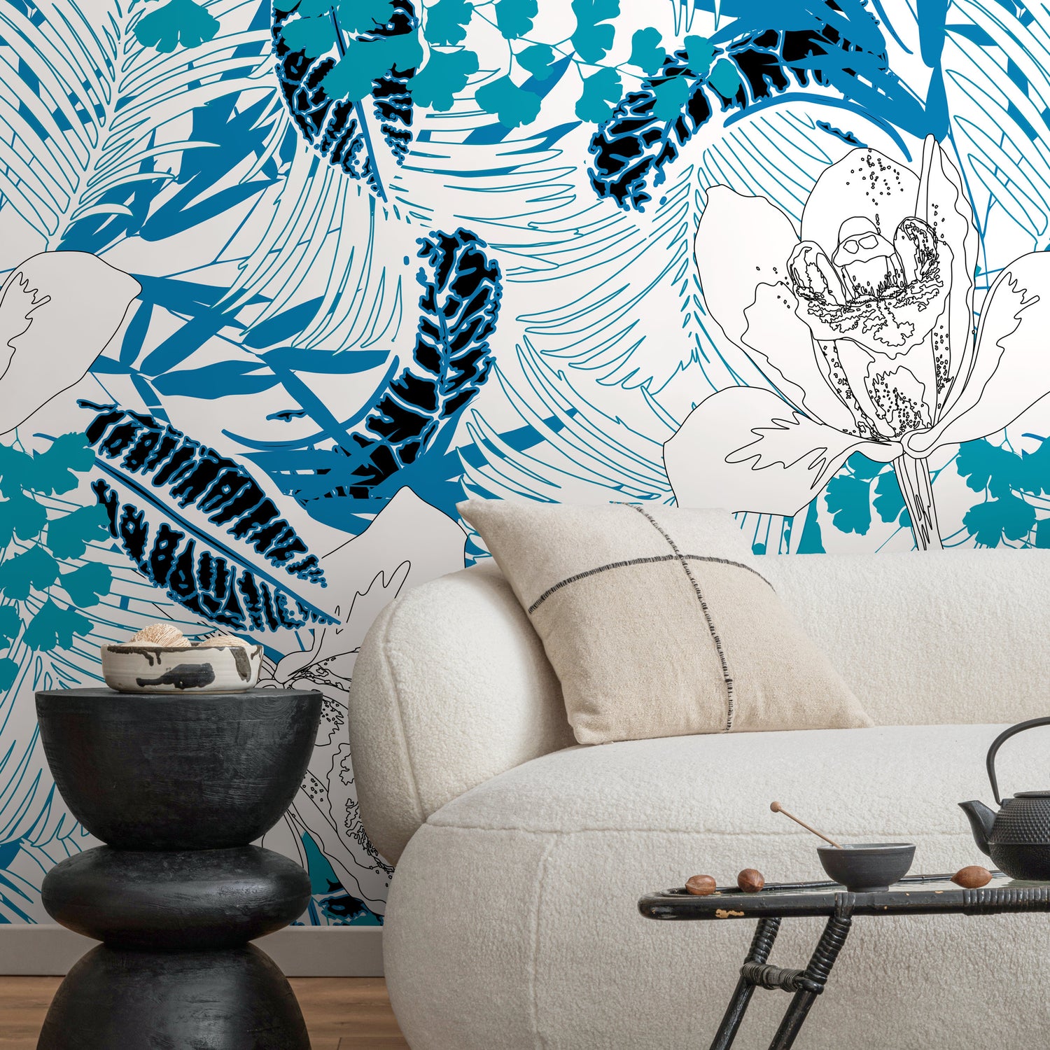 Wallpaper Peel and Stick Wallpaper Removable Wallpaper Home Decor Wall Art Wall Decor Room Decor / Blue Tropical and Floral Wallpaper - A937